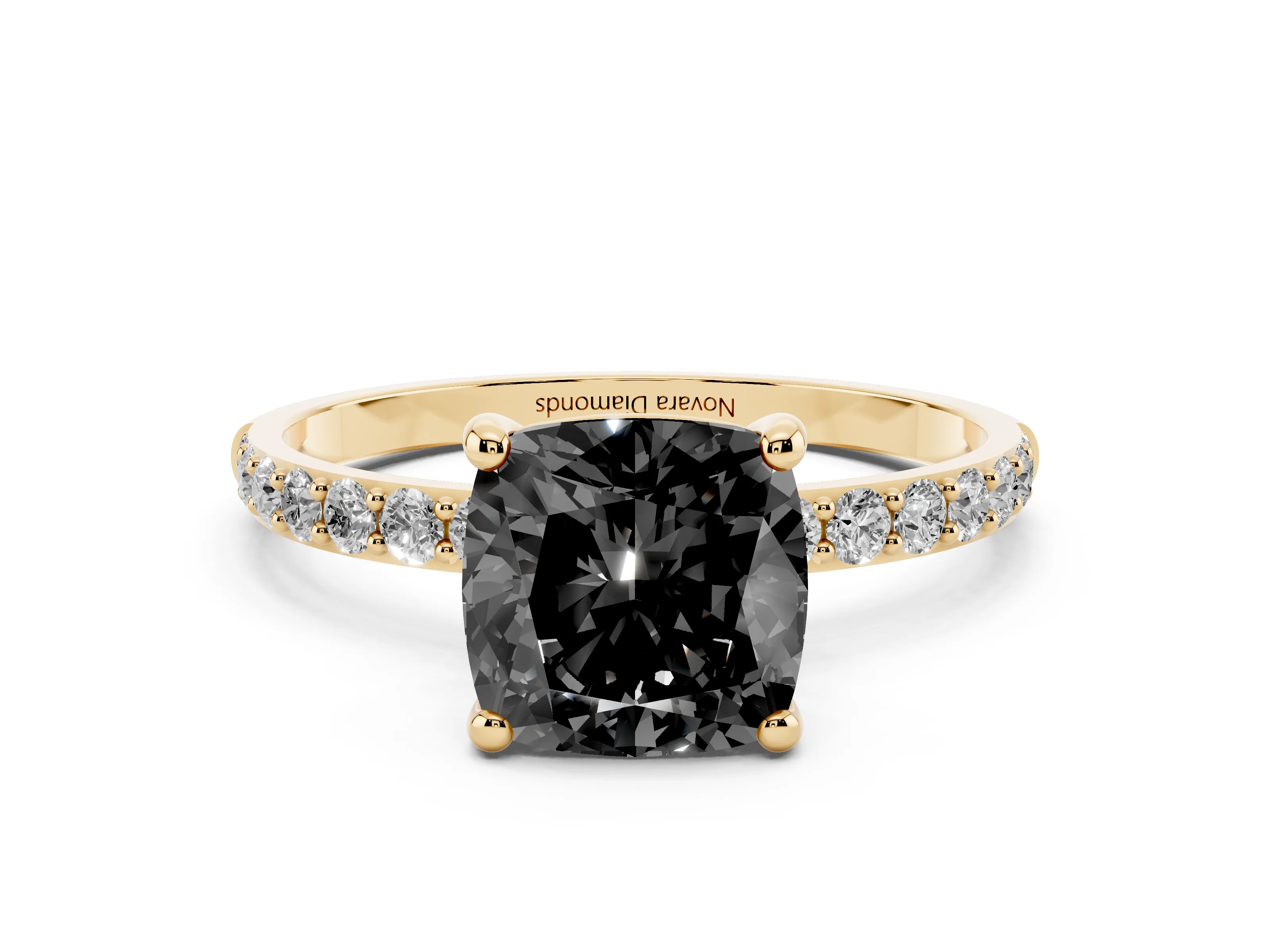 Fancy Black Cushion Cut Diamond Solitaire Ring Set in Yellow gold with Round Pavé Band and Prong Setting
