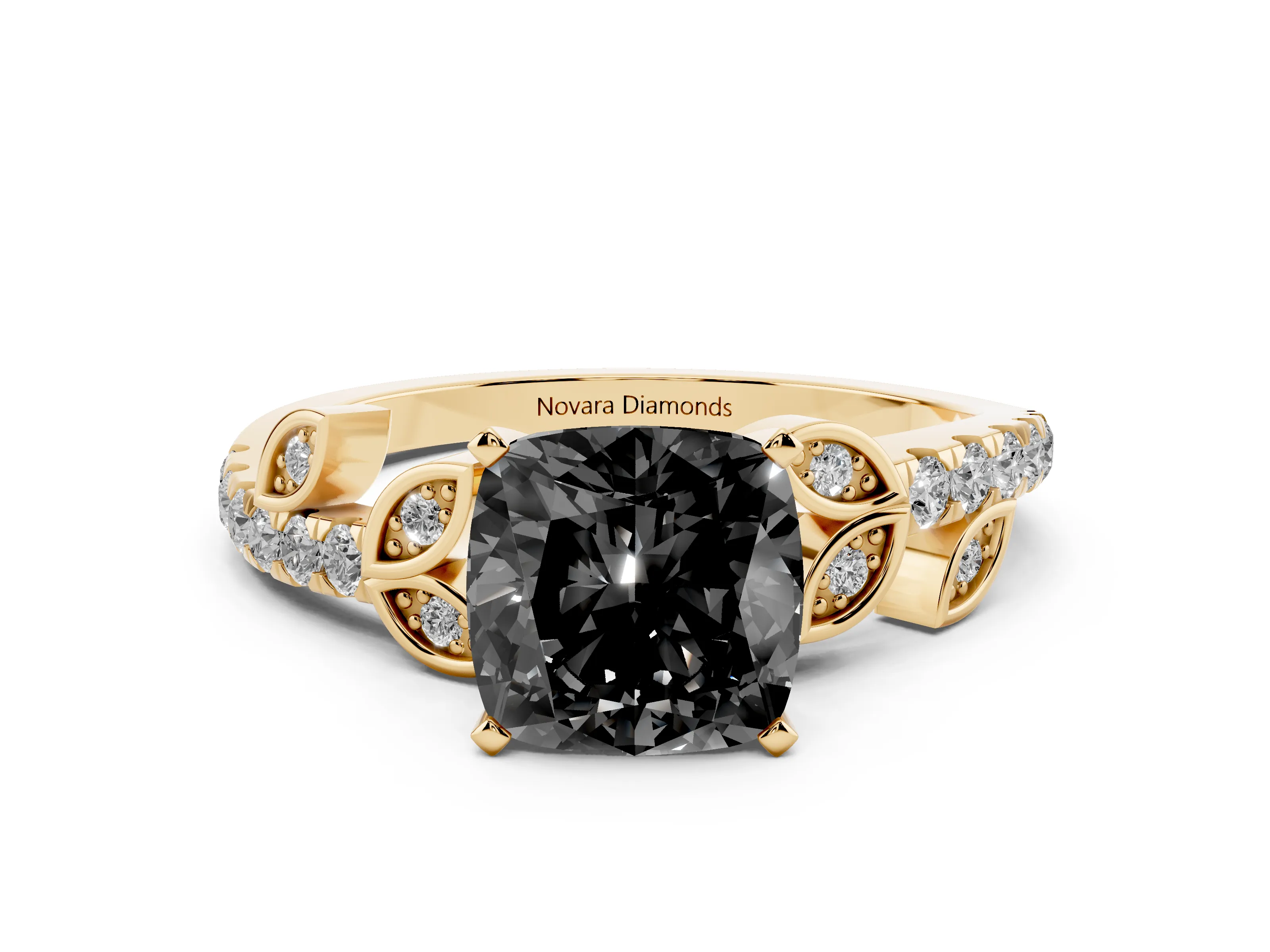 Fancy Black Cushion Cut Diamond Solitaire Leaf-Inspired Ring Set in Yellow gold with Pavé Band and Prong Setting