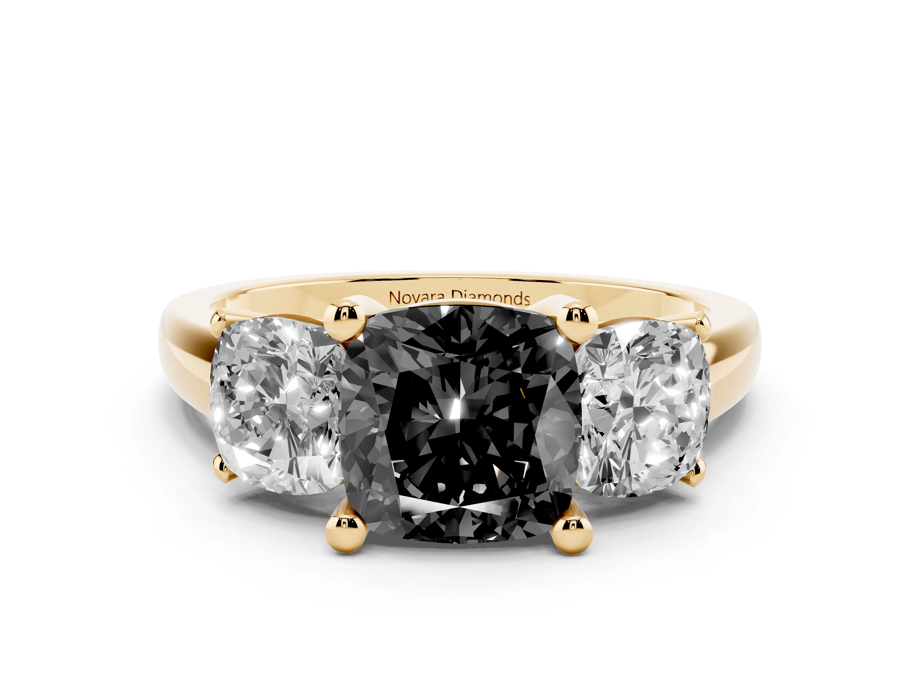 Fancy Black Cushion Cut Diamond Three-Stone Ring Set in Yellow gold with Classic Prong Setting and Plain Band
