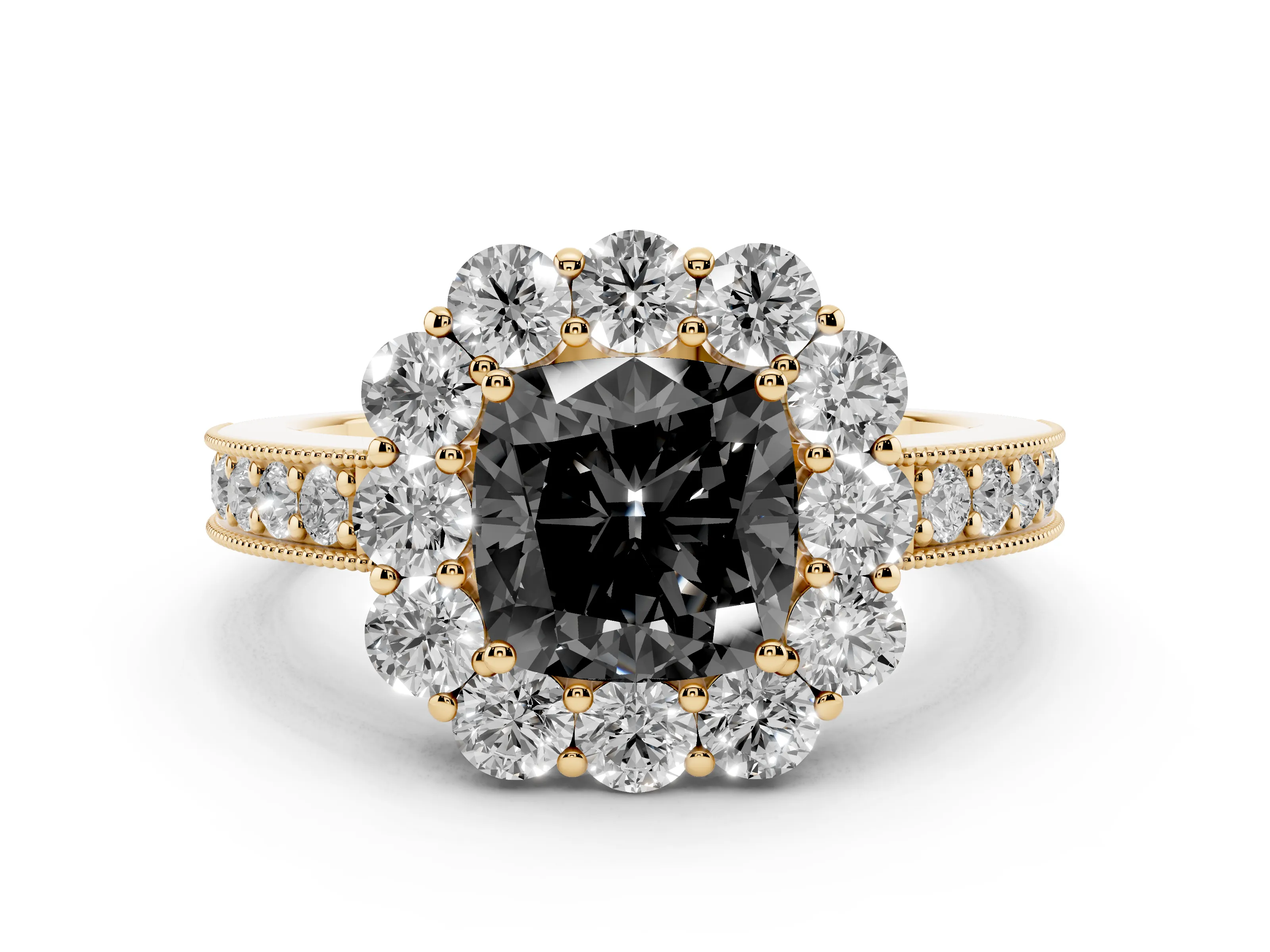 Fancy Black Cushion Cut Diamond Halo Pavé Engagement Ring Set in Yellow gold with Milgrain Detailing