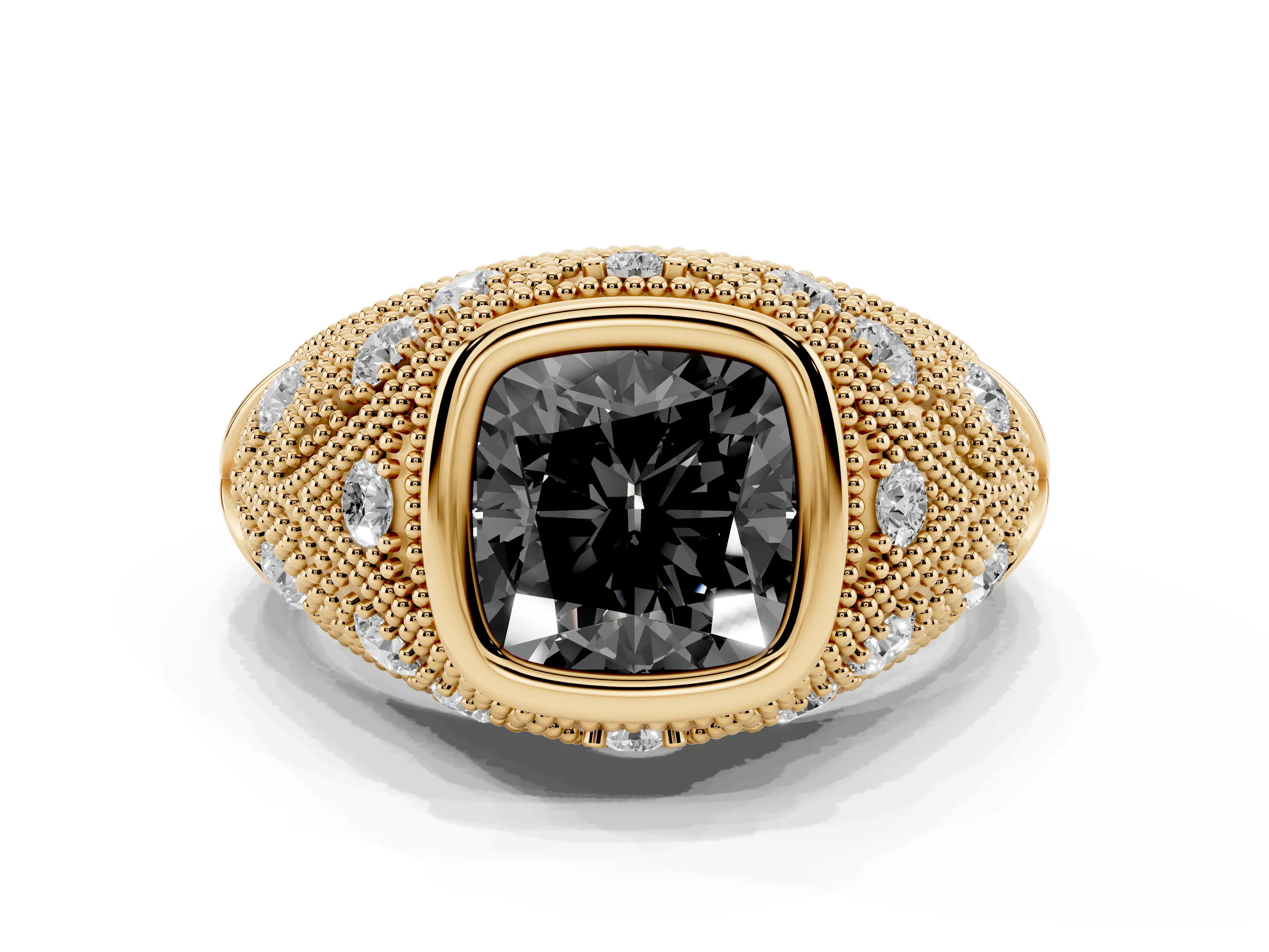 Fancy Black Cushion Cut Diamond Bezel Ring Set in Yellow gold with Milgrain Accent Band