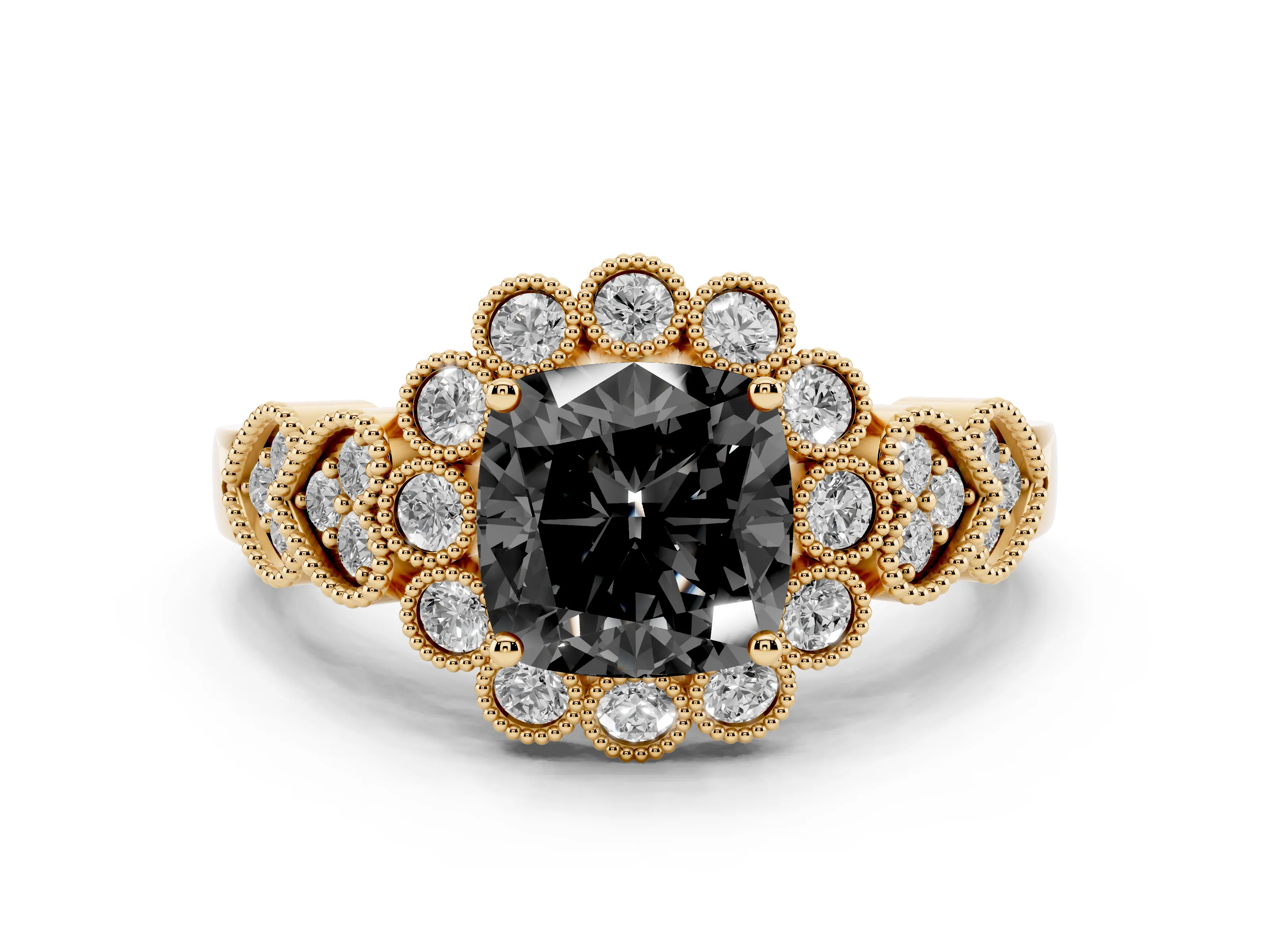 Fancy Black Cushion Cut Diamond Solitaire Ring Set in Yellow gold with Milgrain Pavé Heart Band