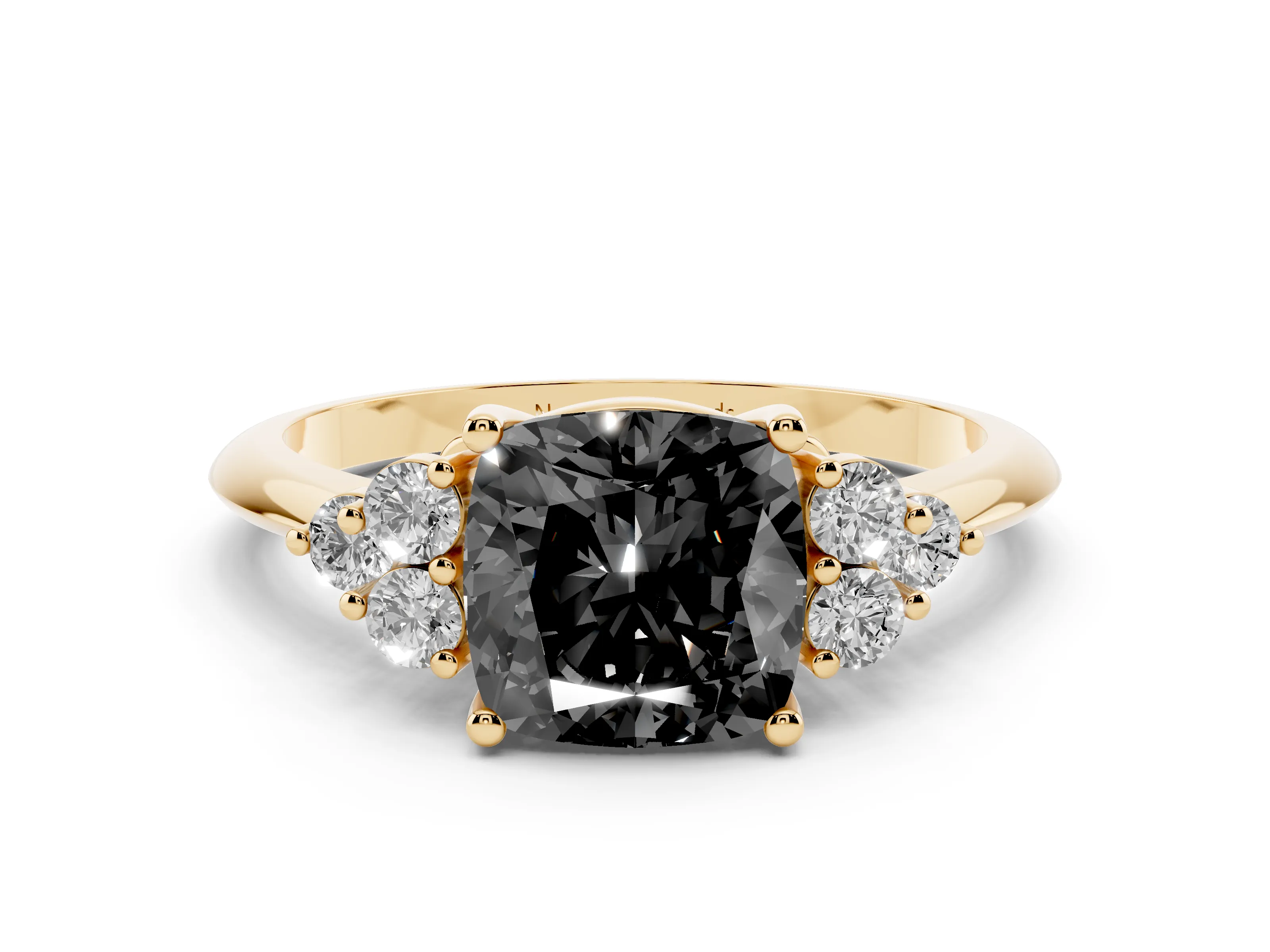 Fancy Black Cushion Cut Diamond Cluster Ring Set in Yellow gold with Plain Band and Prong Setting