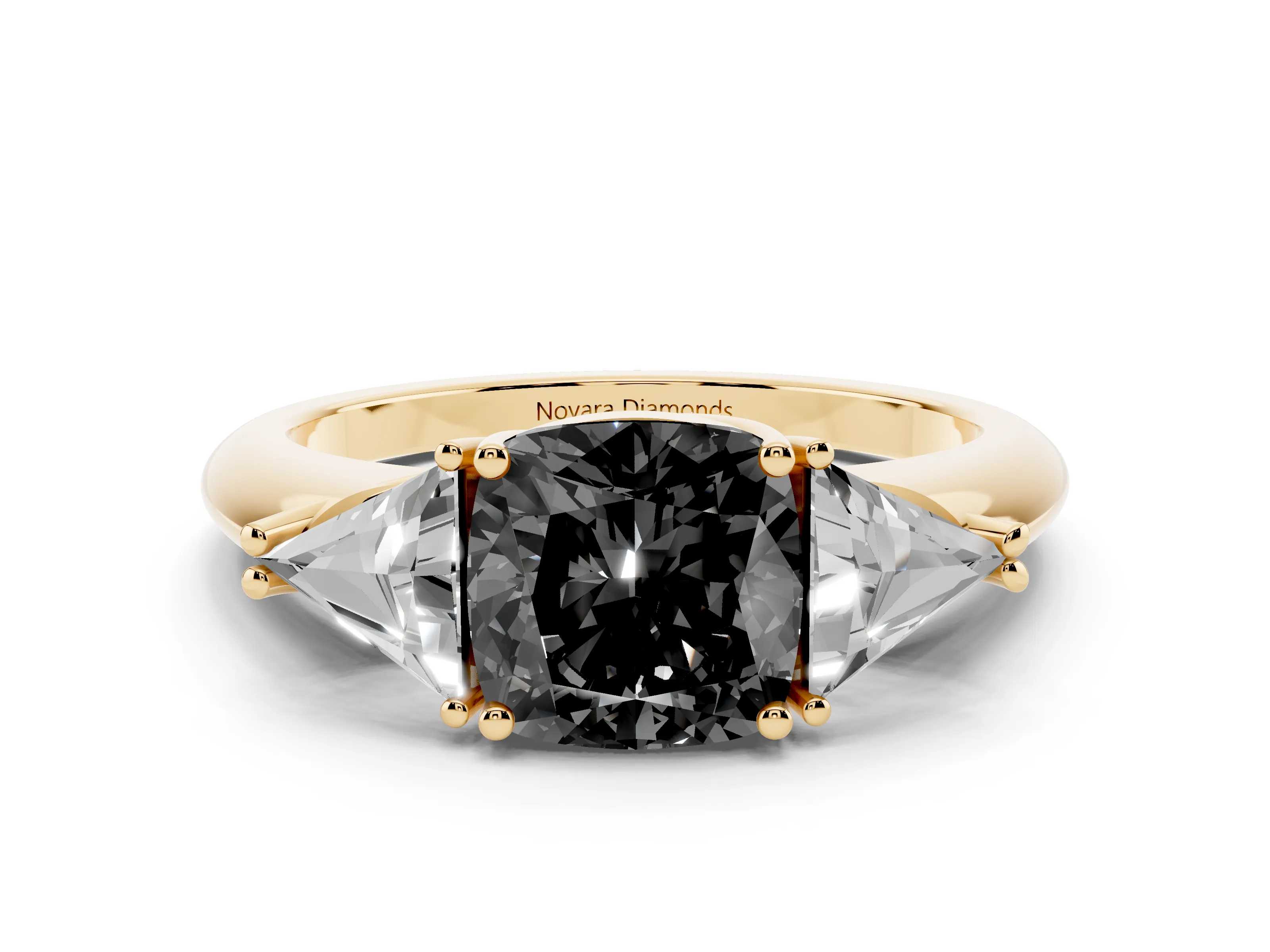 Fancy Black Cushion Cut Diamond Three-Stone Engagement Ring Set in Yellow gold with Trillion Side Stones