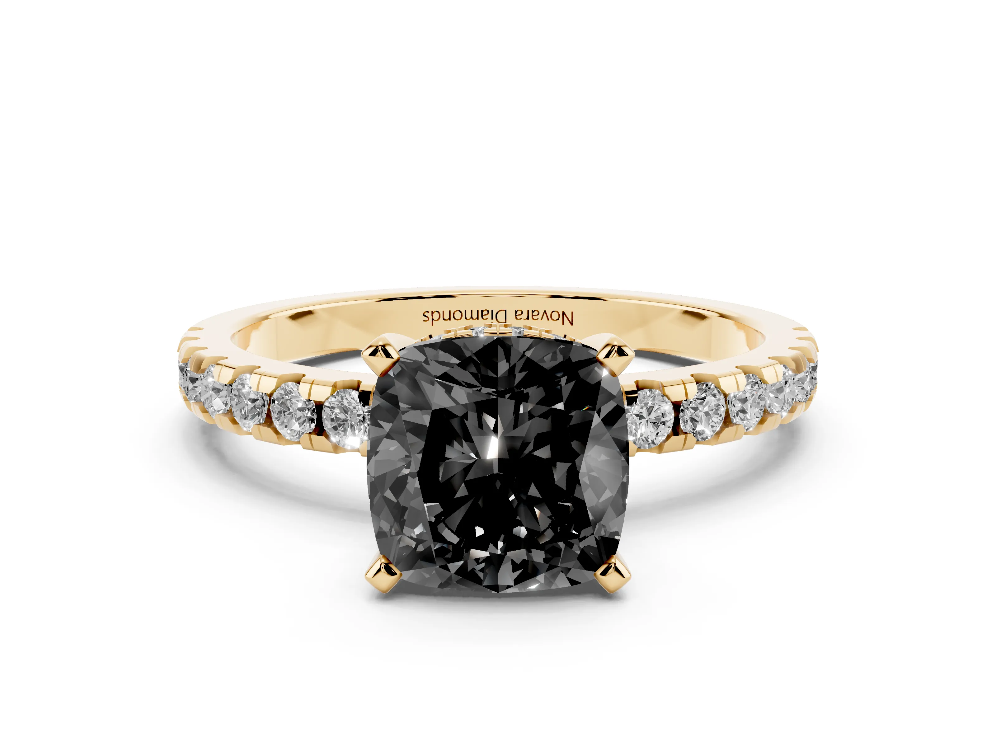 Fancy Black Cushion Cut Diamond Pavé Solitaire Ring Set in Yellow gold with Round Band Accents and Prong Setting