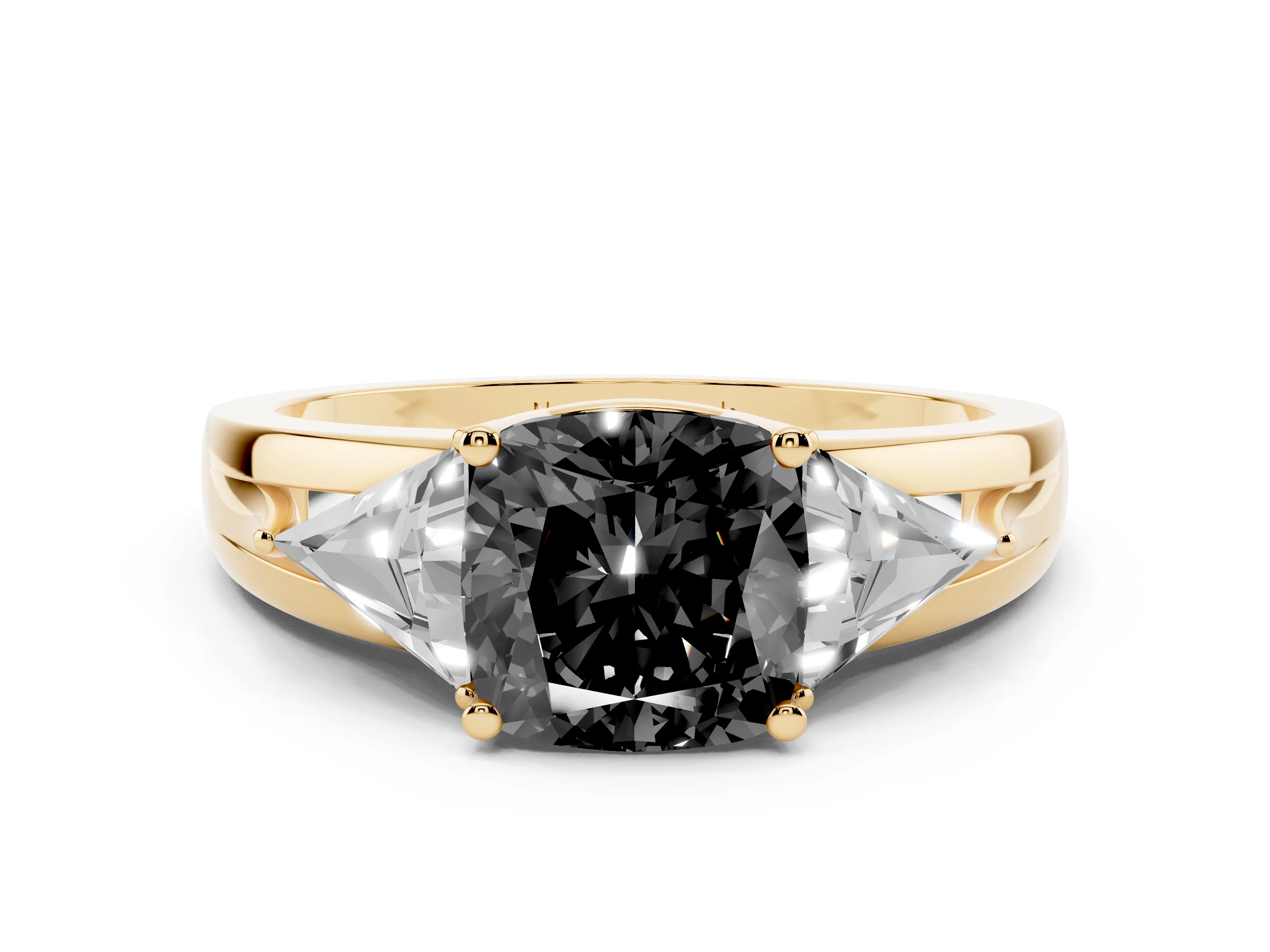 Fancy Black Cushion Cut Diamond Three-Stone Ring Set in Yellow gold with Trillion Side Stones and Split Shank