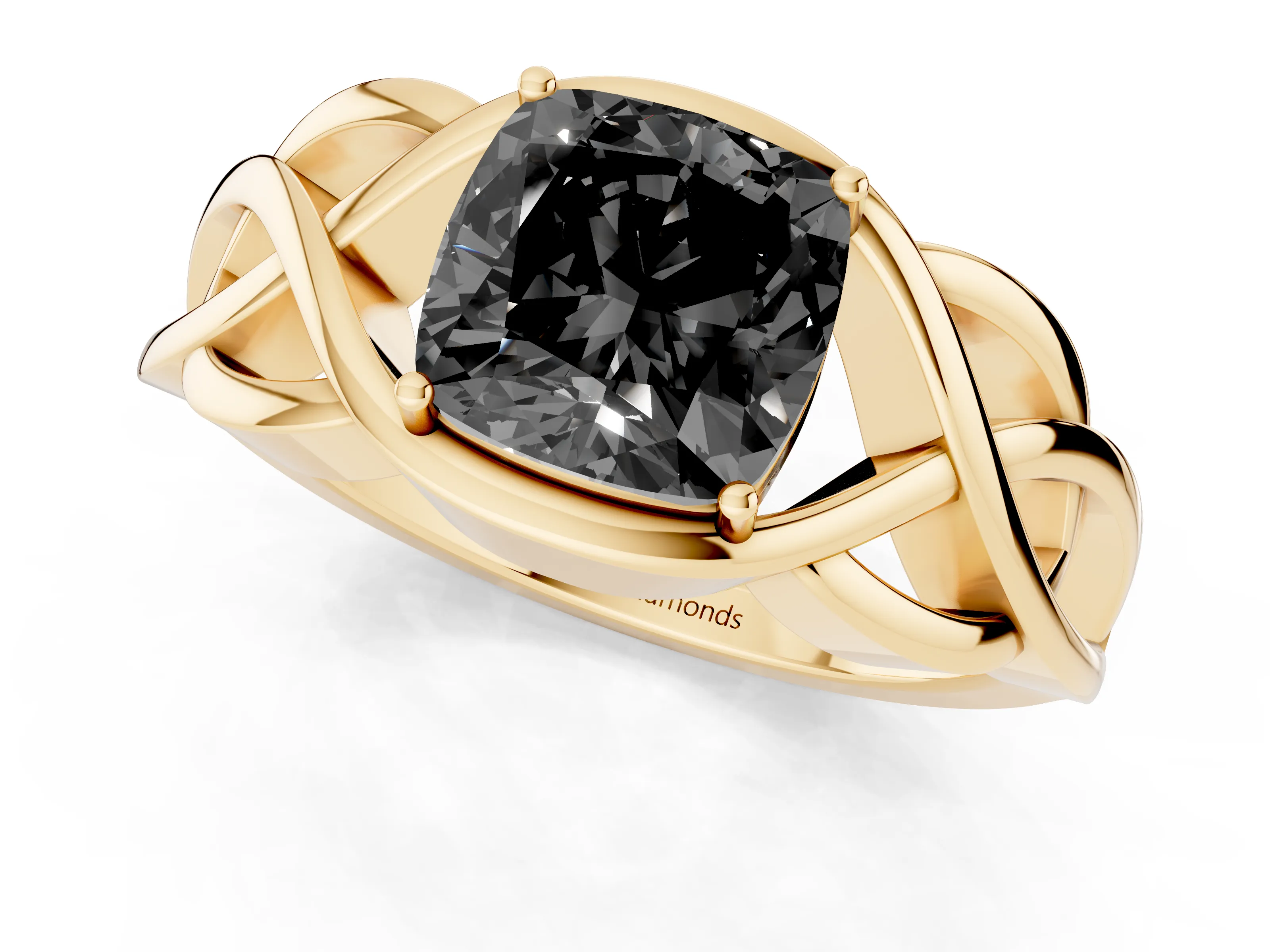 Fancy Black Cushion Cut Diamond Solitaire Ring Set in Yellow gold with Intertwined Band
