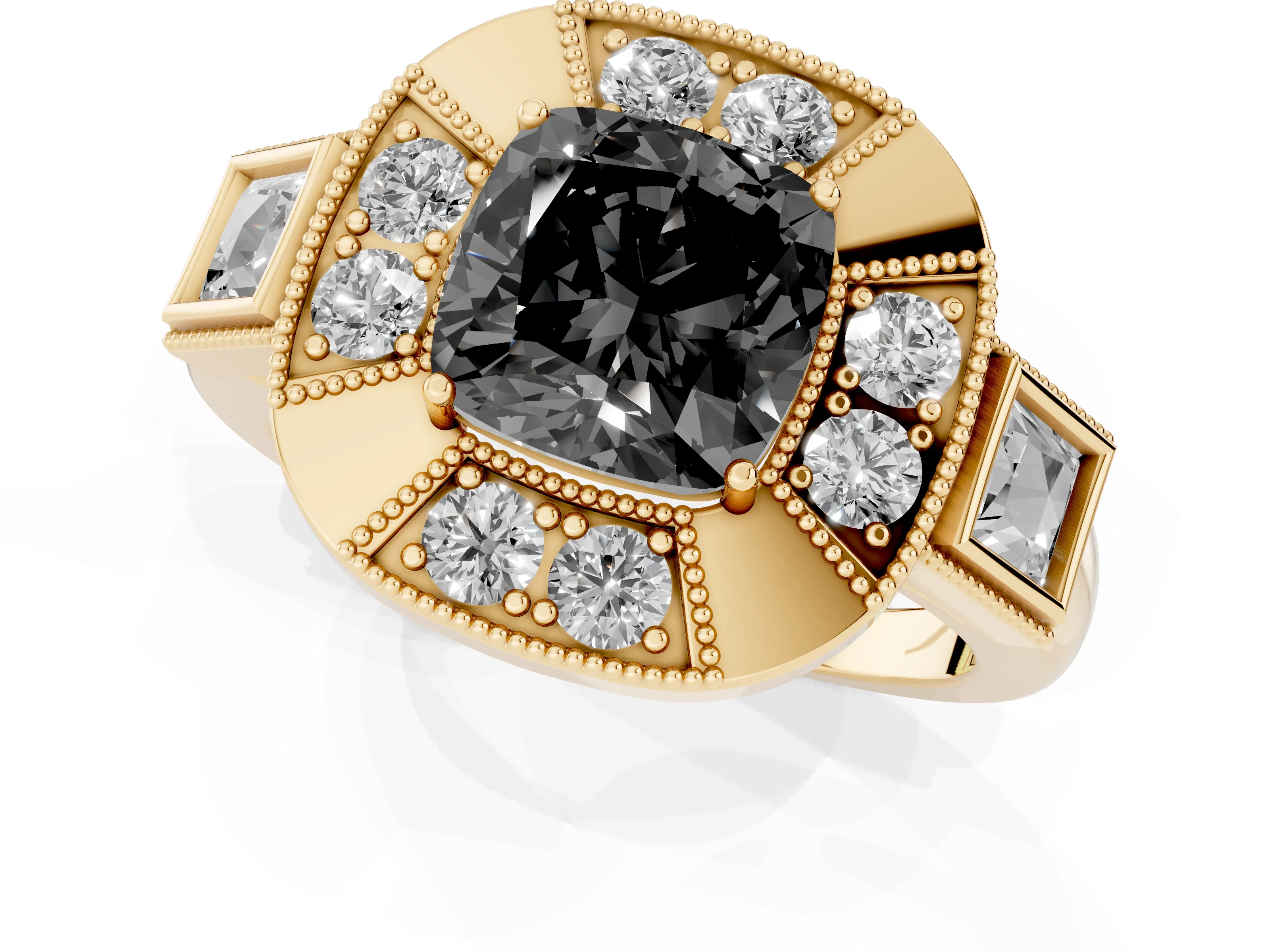 Fancy Black Cushion Cut Diamond Milgrain Halo Ring Set in Yellow gold with Split Shank