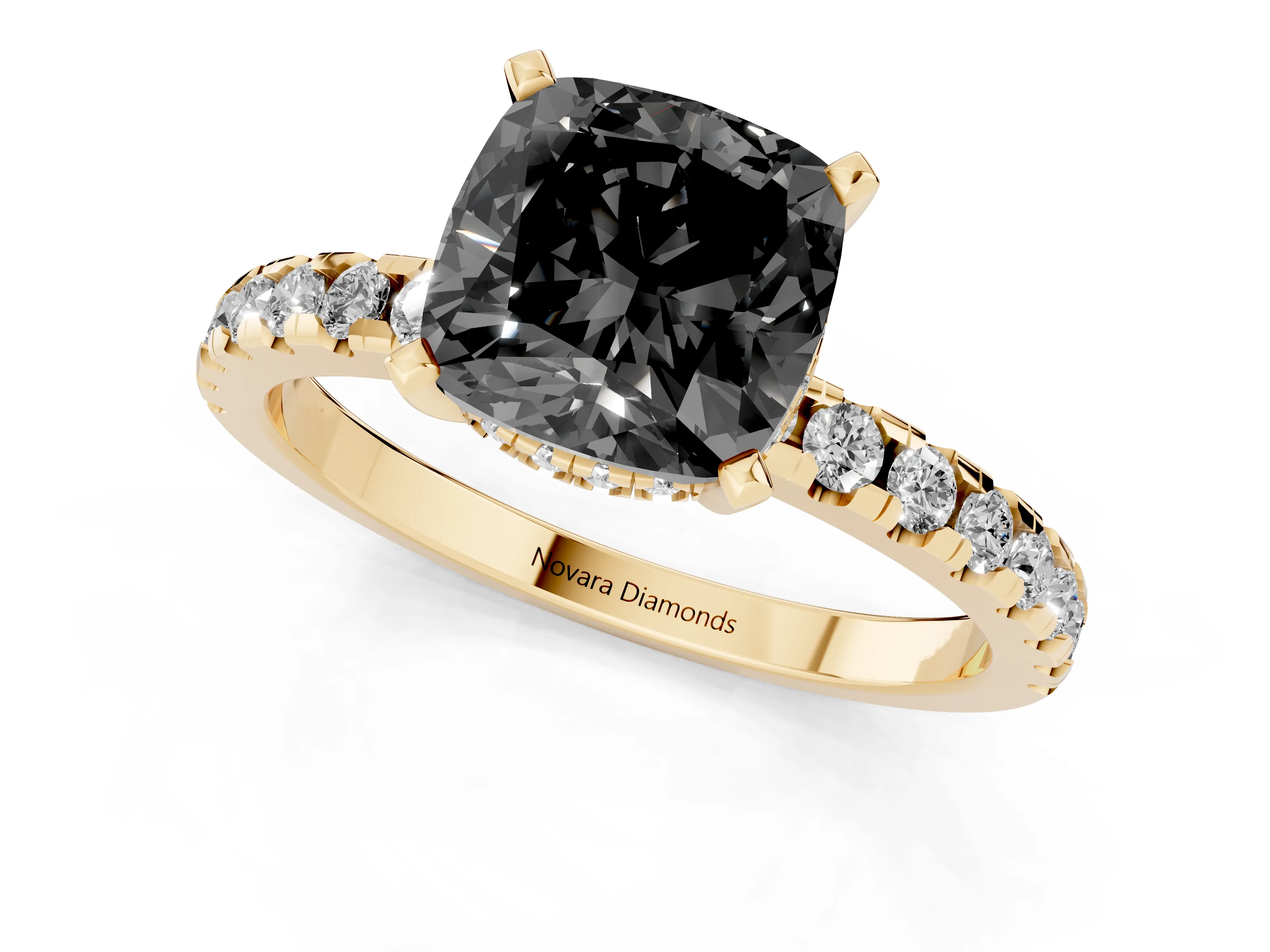 Fancy Black Cushion Cut Diamond Pavé Solitaire Ring Set in Yellow gold with Round Band Accents and Prong Setting