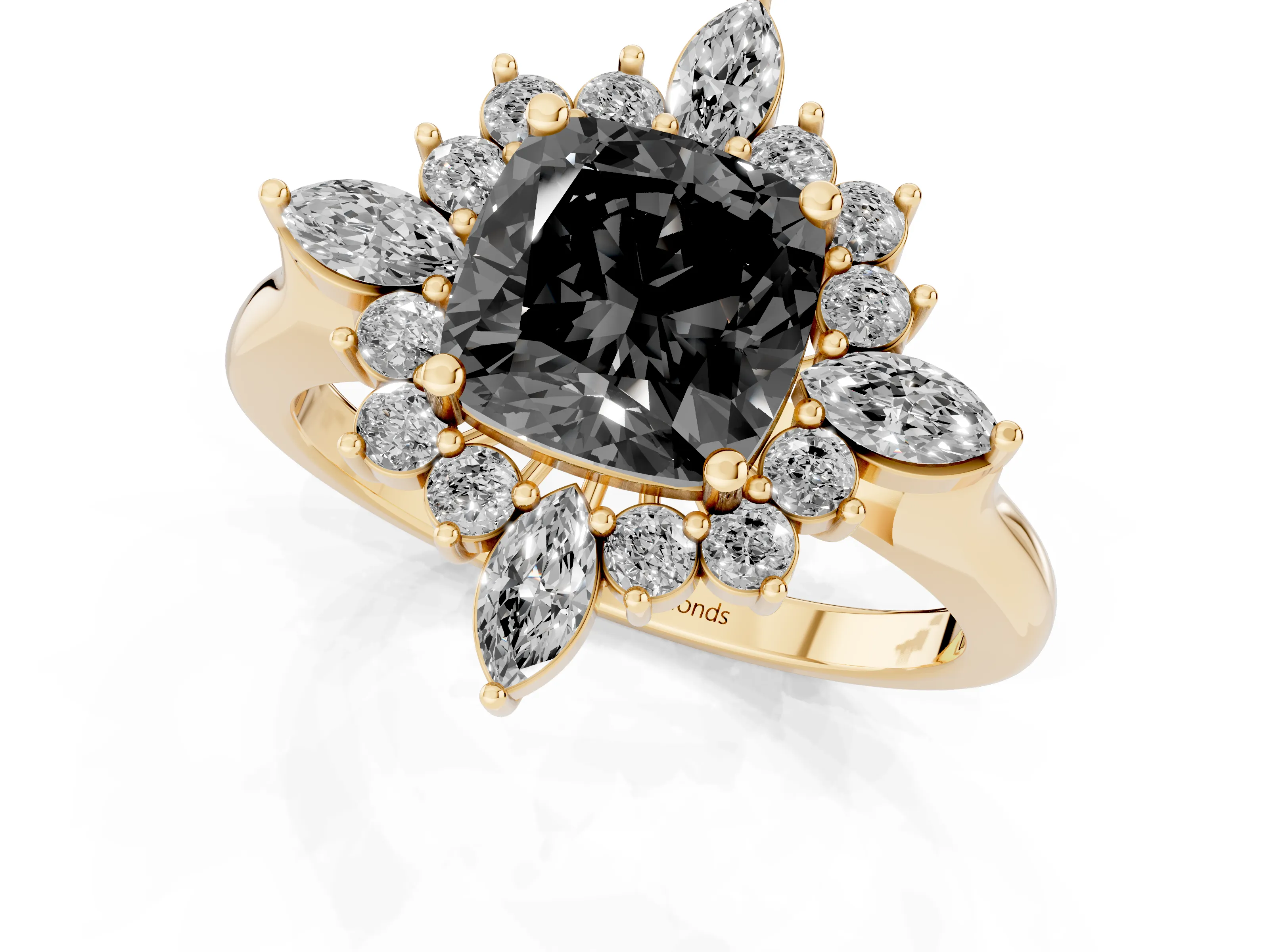 Fancy Black Cushion Cut Diamond Cluster Halo Ring Set in Yellow gold with Marquise and Round Accents