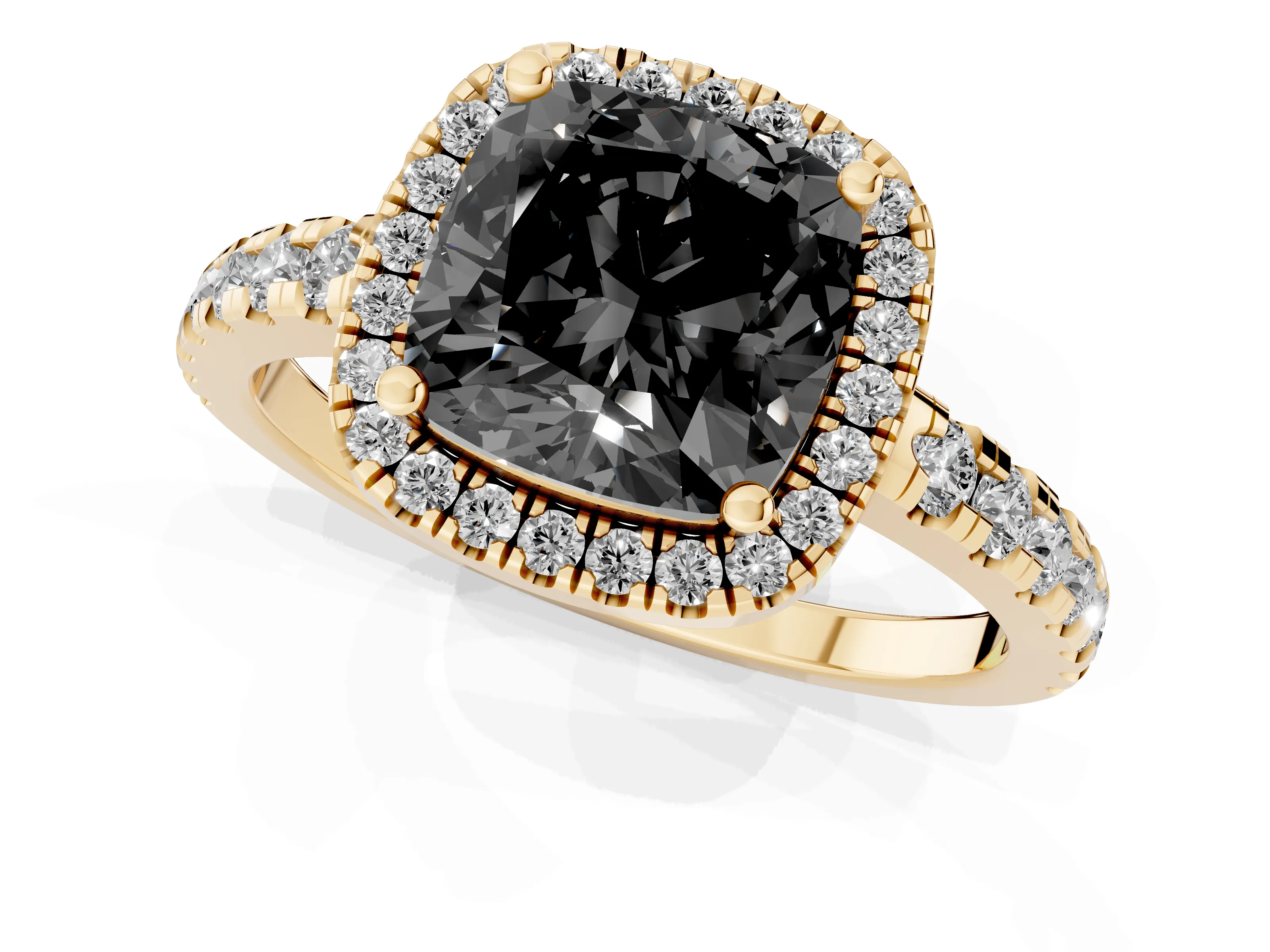 Fancy Black Cushion Cut Diamond Halo Ring Set in Yellow gold with Delicate Pavé Band and Prong Setting