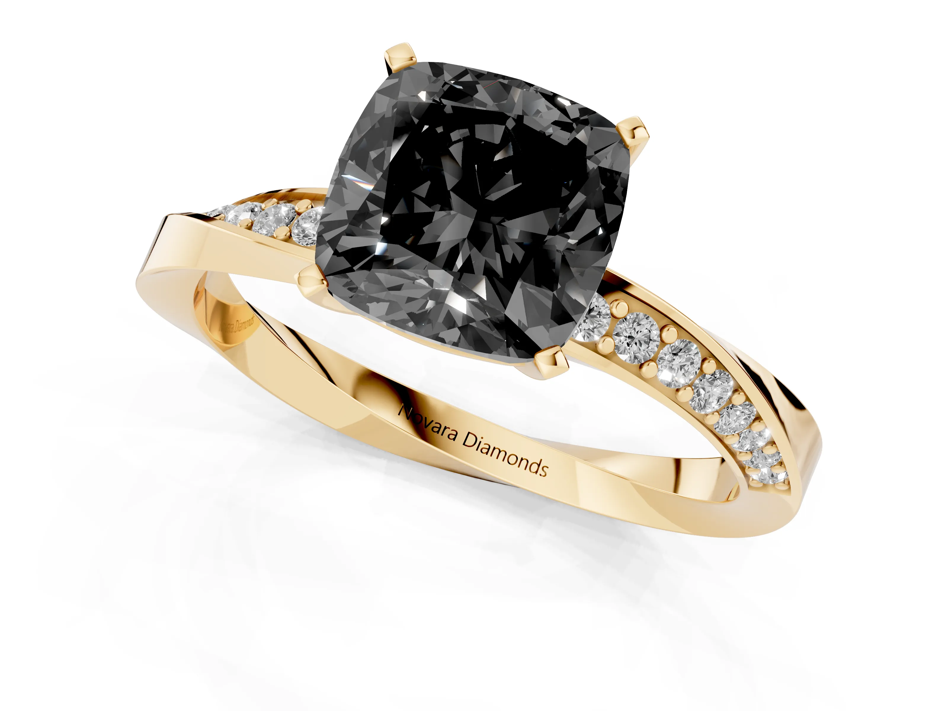 Fancy Black Cushion Cut Diamond Engagement Ring Set in Yellow gold with Side Stone Accents and Prong Setting