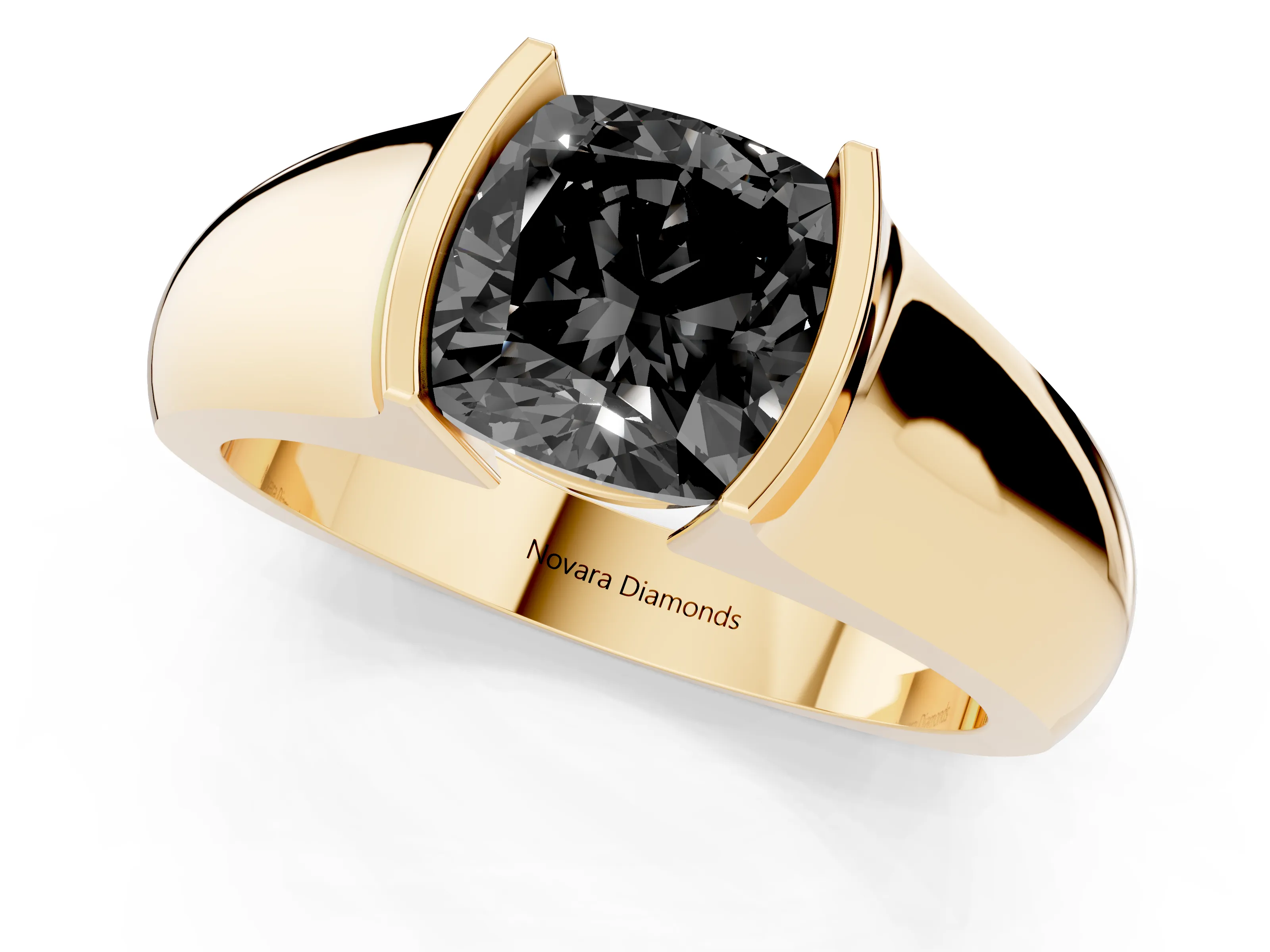 Fancy Black Cushion Cut Diamond Bezel Solitaire Ring Set in Yellow gold with Wide Band