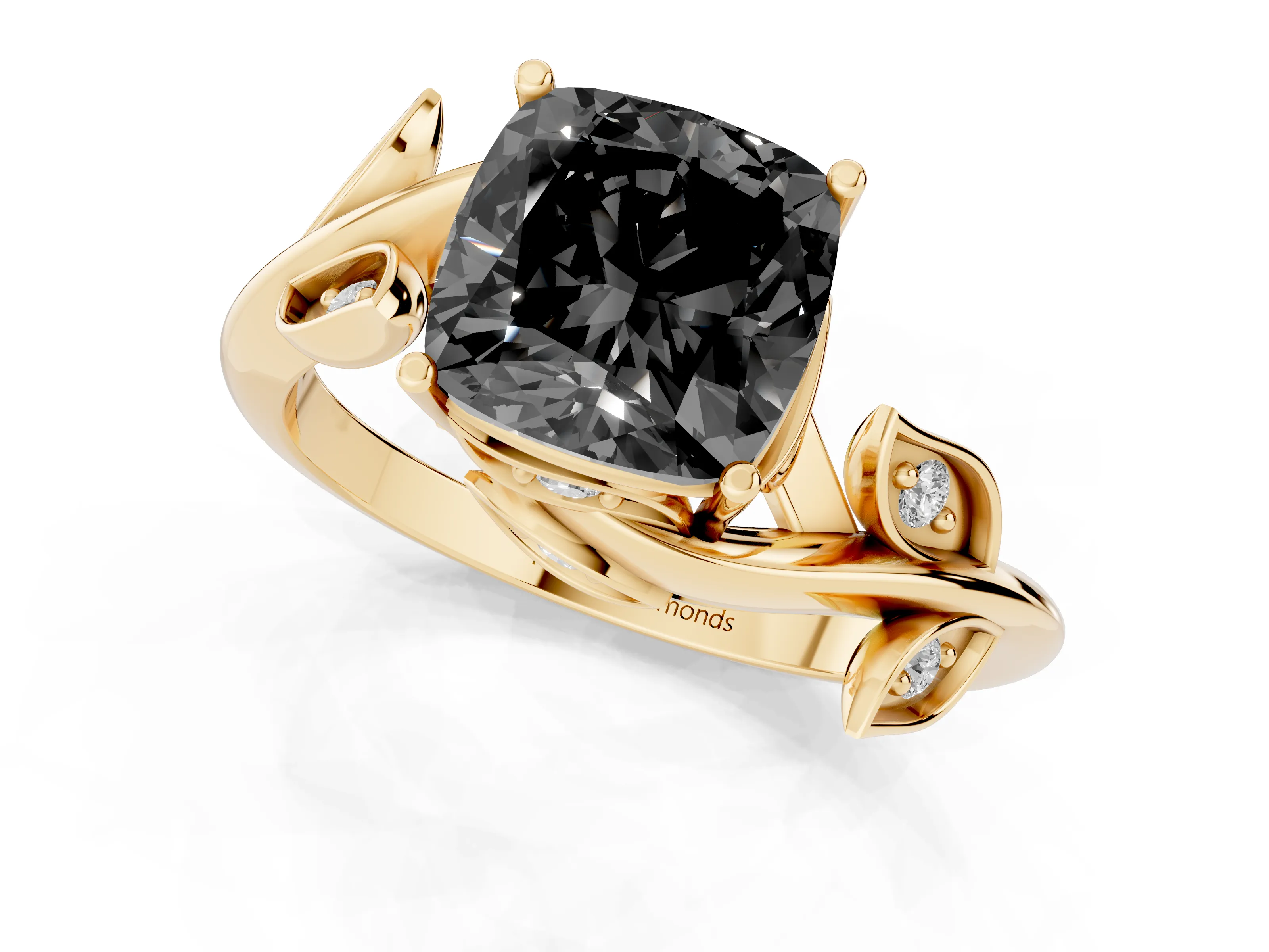 Fancy Black Cushion Cut Diamond Solitaire Twist Engagement Ring Set in Yellow gold with Pavé Leaf Accents