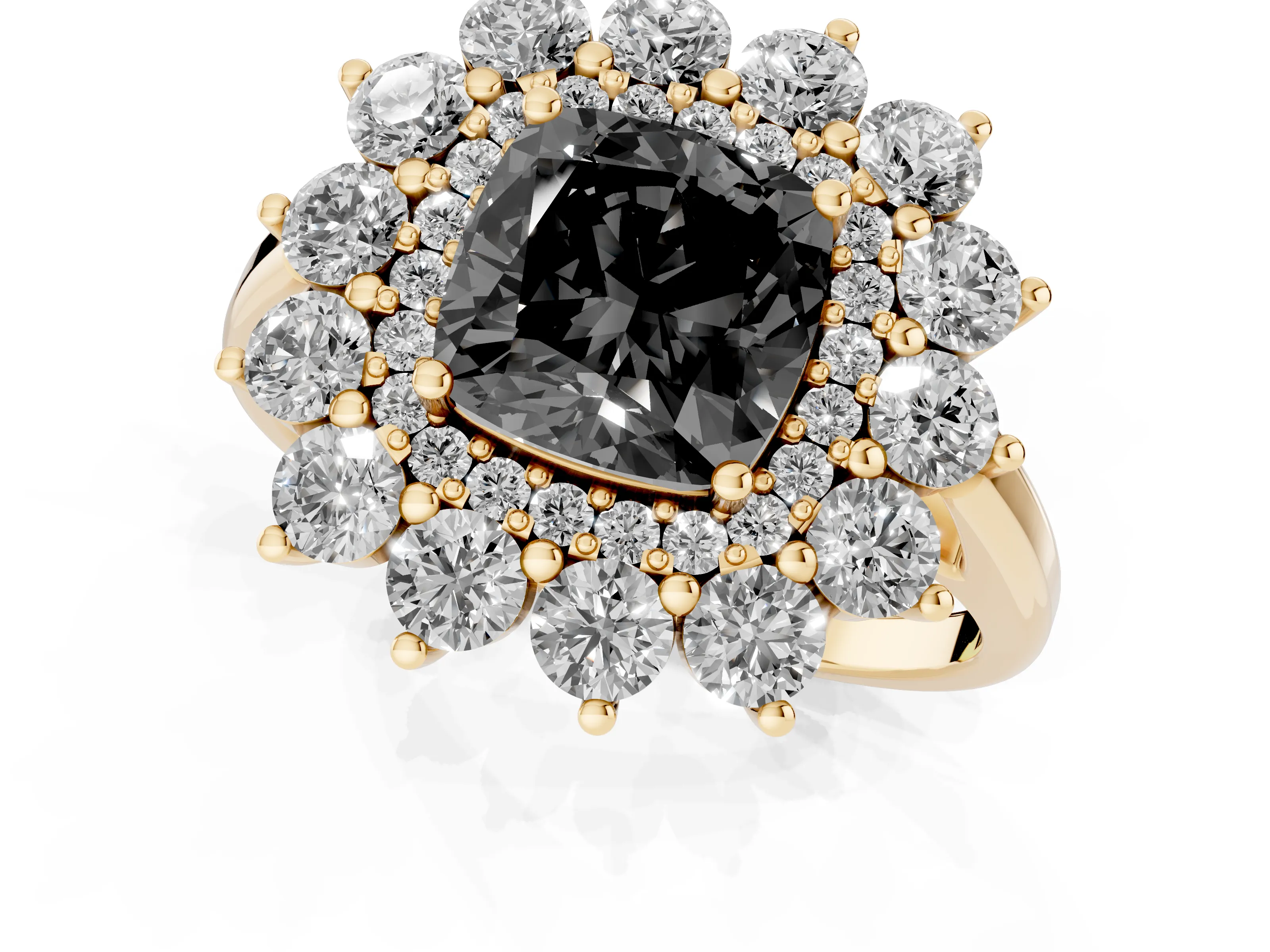 Fancy Black Cushion Cut Diamond Floral Double Halo Ring Set in Yellow gold with Round Petals