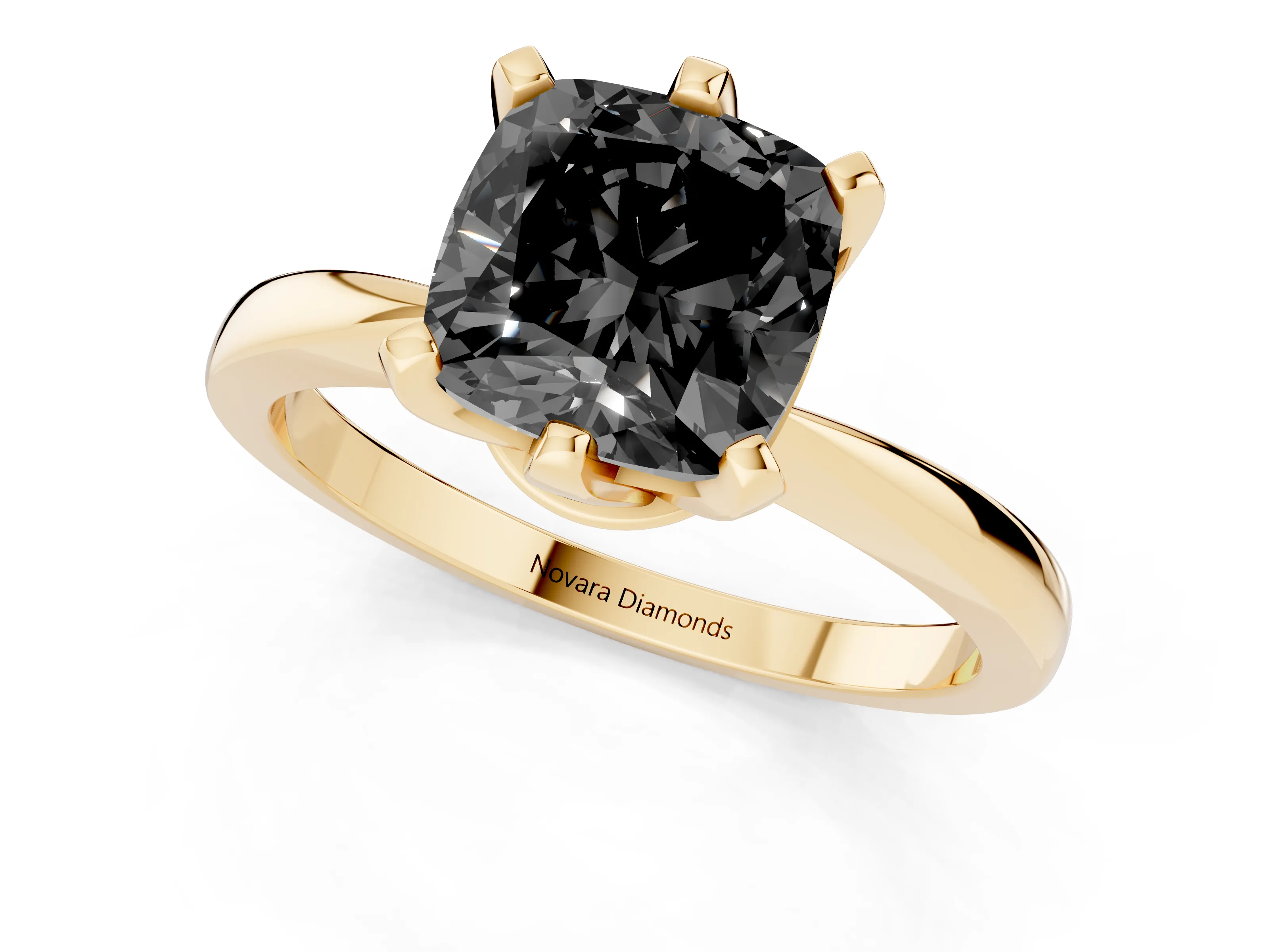 Fancy Black Cushion Cut Diamond Solitaire Engagement Ring Set in Yellow gold with Slim Tapered Solitaire Band