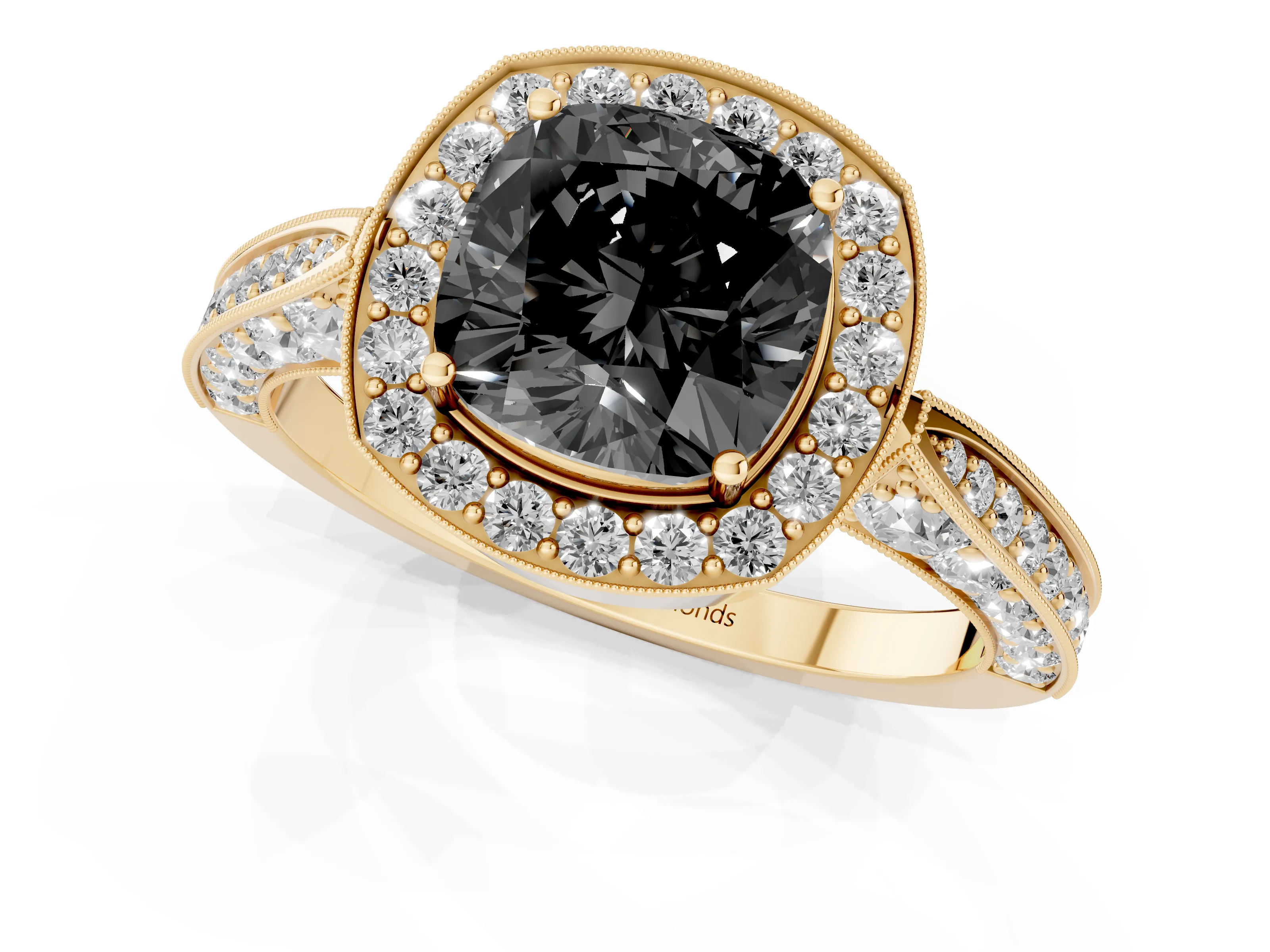 Fancy Black Cushion Cut Diamond Halo Engagement Ring Set in Yellow gold with Accent Split Shank Band