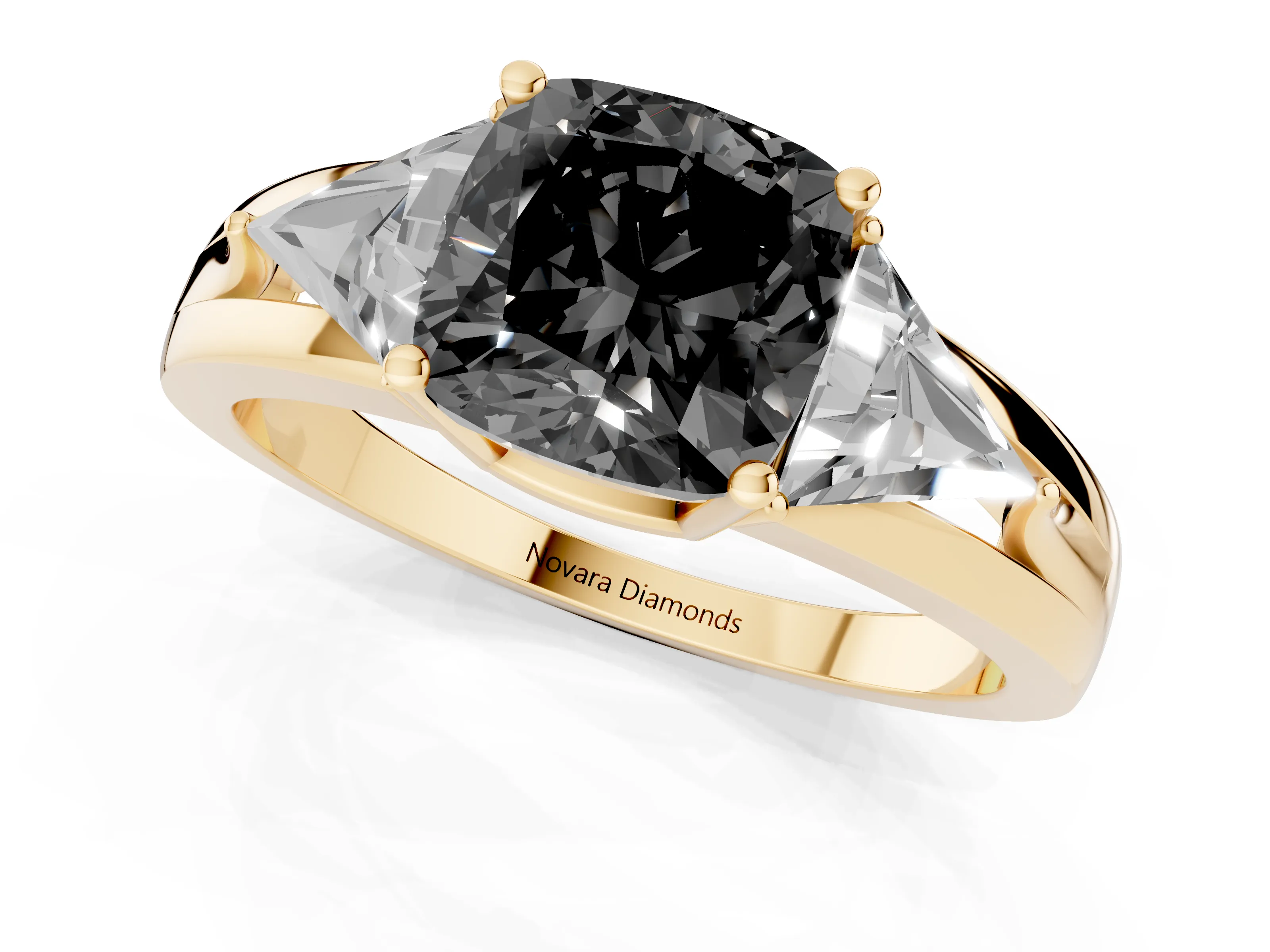 Fancy Black Cushion Cut Diamond Three-Stone Ring Set in Yellow gold with Trillion Side Stones and Split Shank