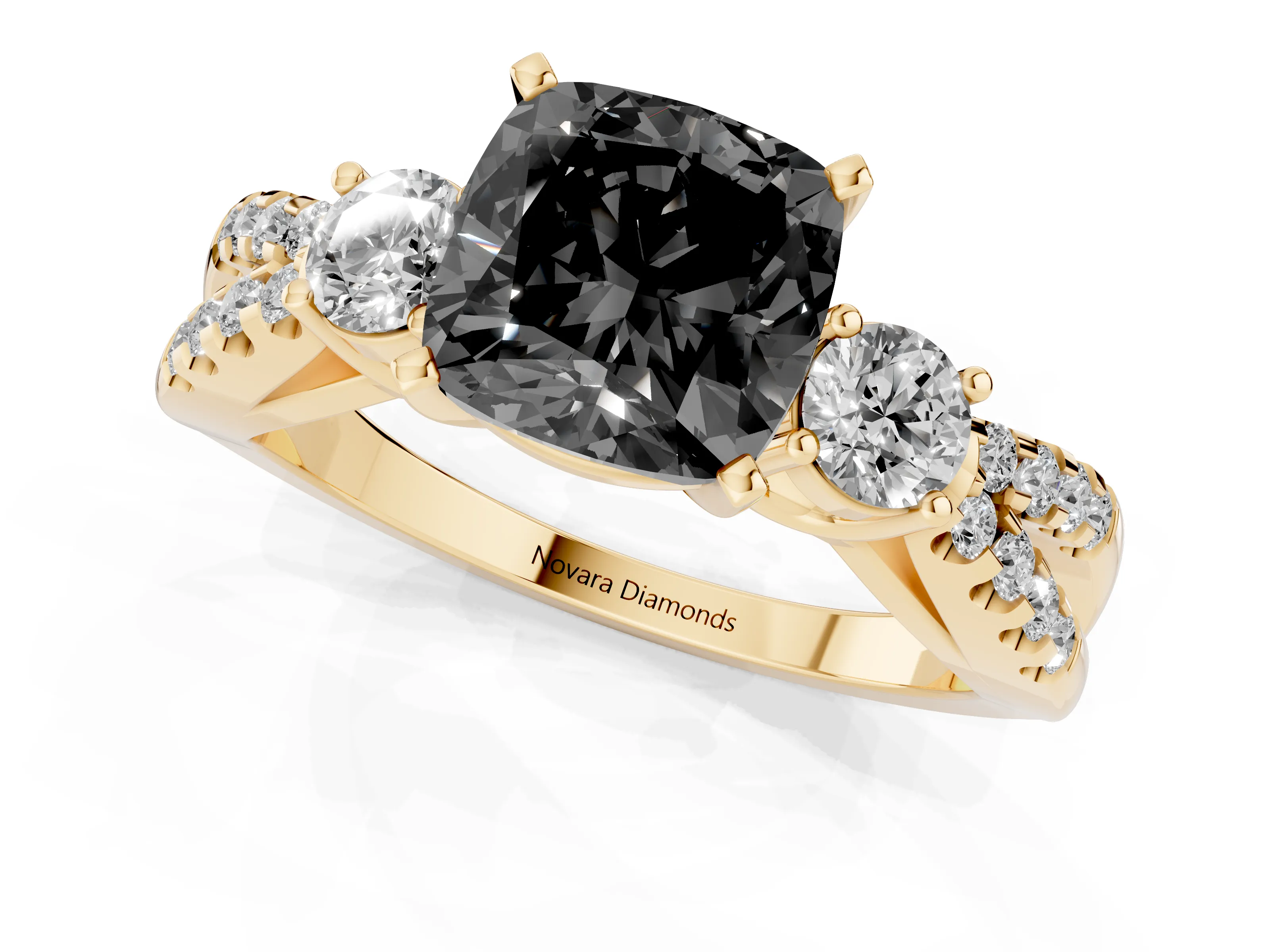 Fancy Black Cushion Cut Diamond Three-Stone Ring Set in Yellow gold with Pavé Split Shank and Prong Setting