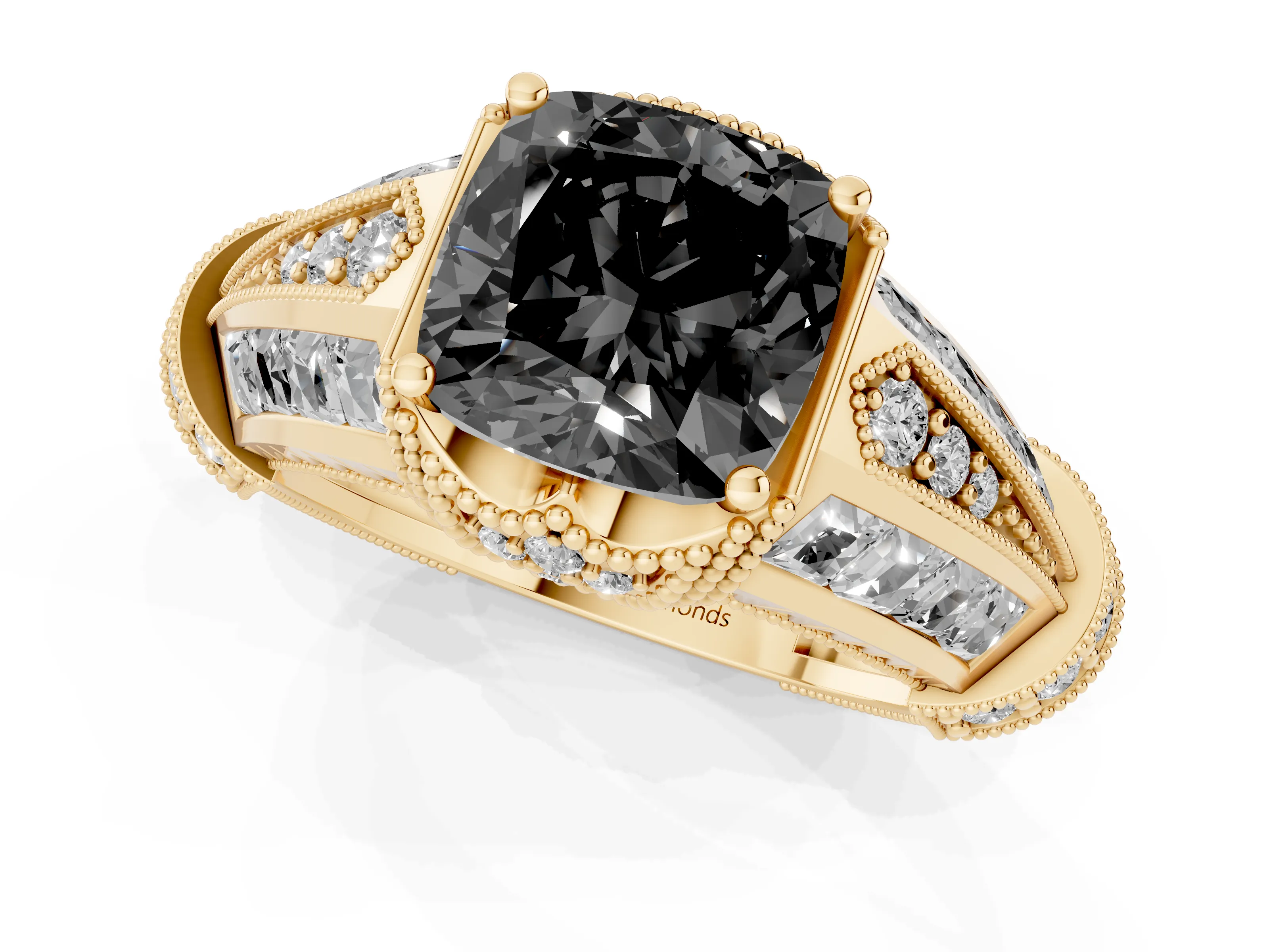 Fancy Black Cushion Cut Diamond Vintage-Inspired Milgrain Ring Set in Yellow gold with Accent Split Shank