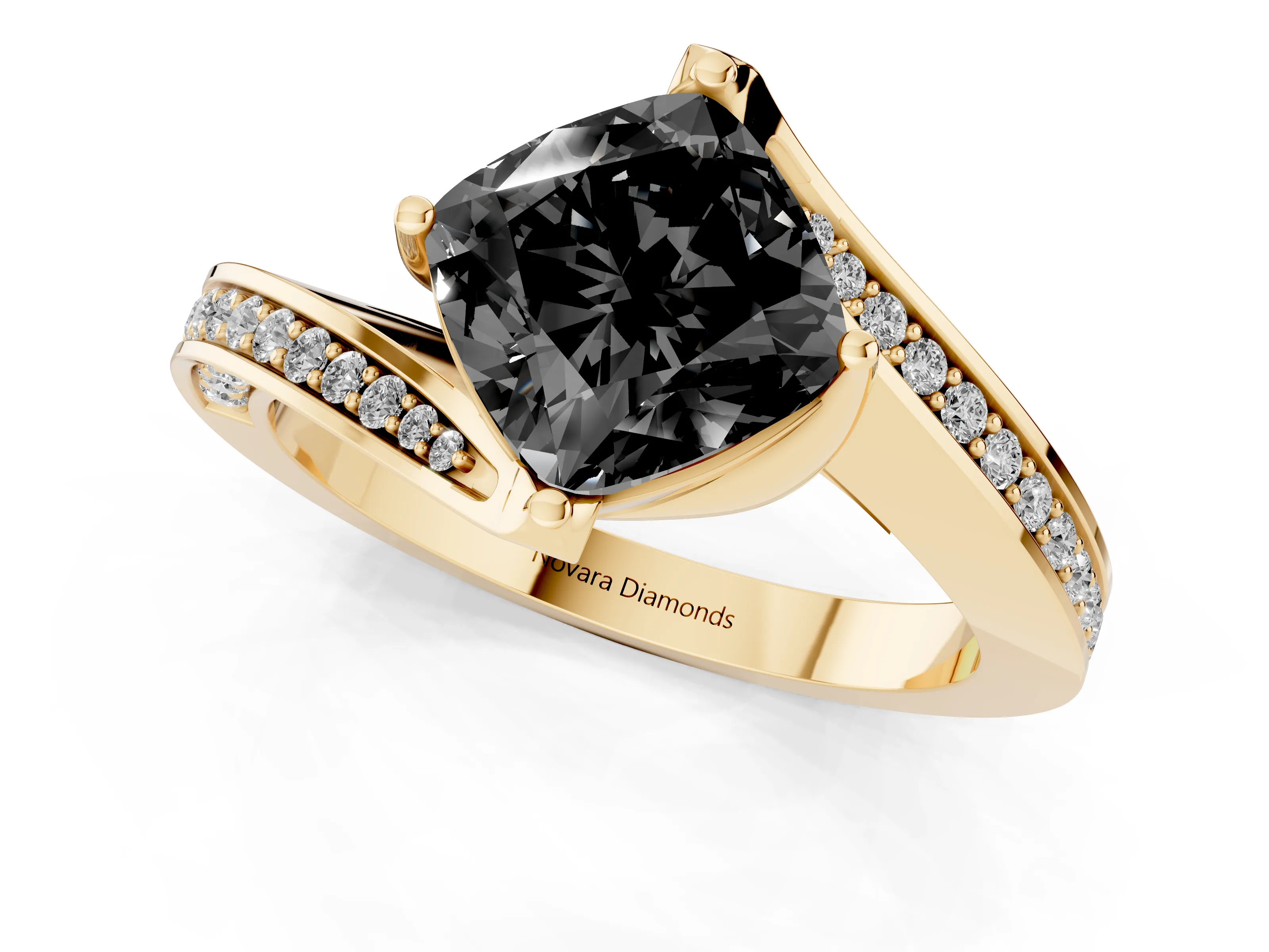 Fancy Black Cushion Cut Diamond Solitaire Ring Set in Yellow gold with Intertwined Pavé Twist Band
