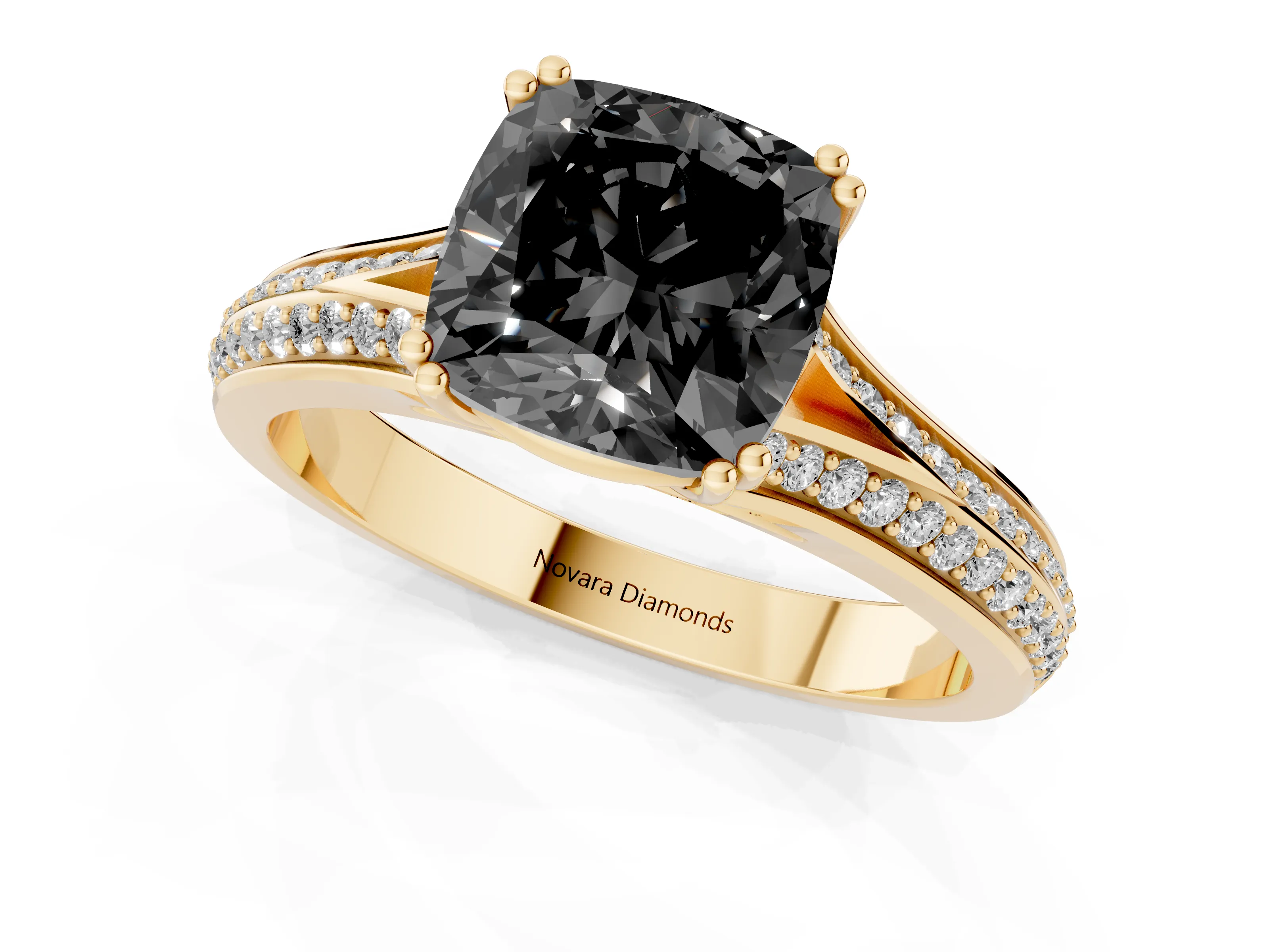 Fancy Black Cushion Cut Diamond Split Shank Pavé Engagement Ring Set in Yellow gold with Prong-Set Center Stone