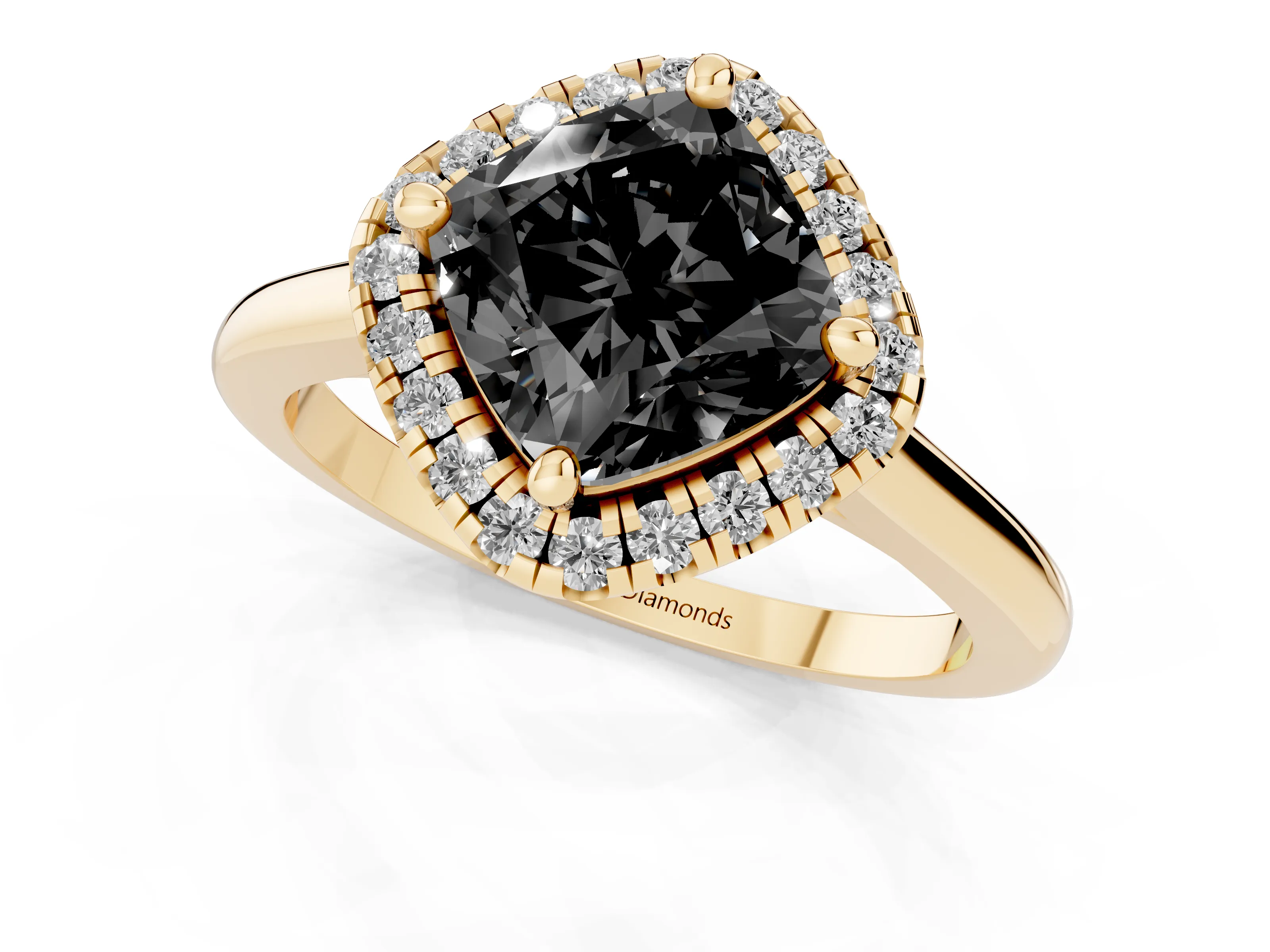 Fancy Black Cushion Cut Diamond Halo Engagement Ring Set in Yellow gold with Pavé Band and Rising Shoulders
