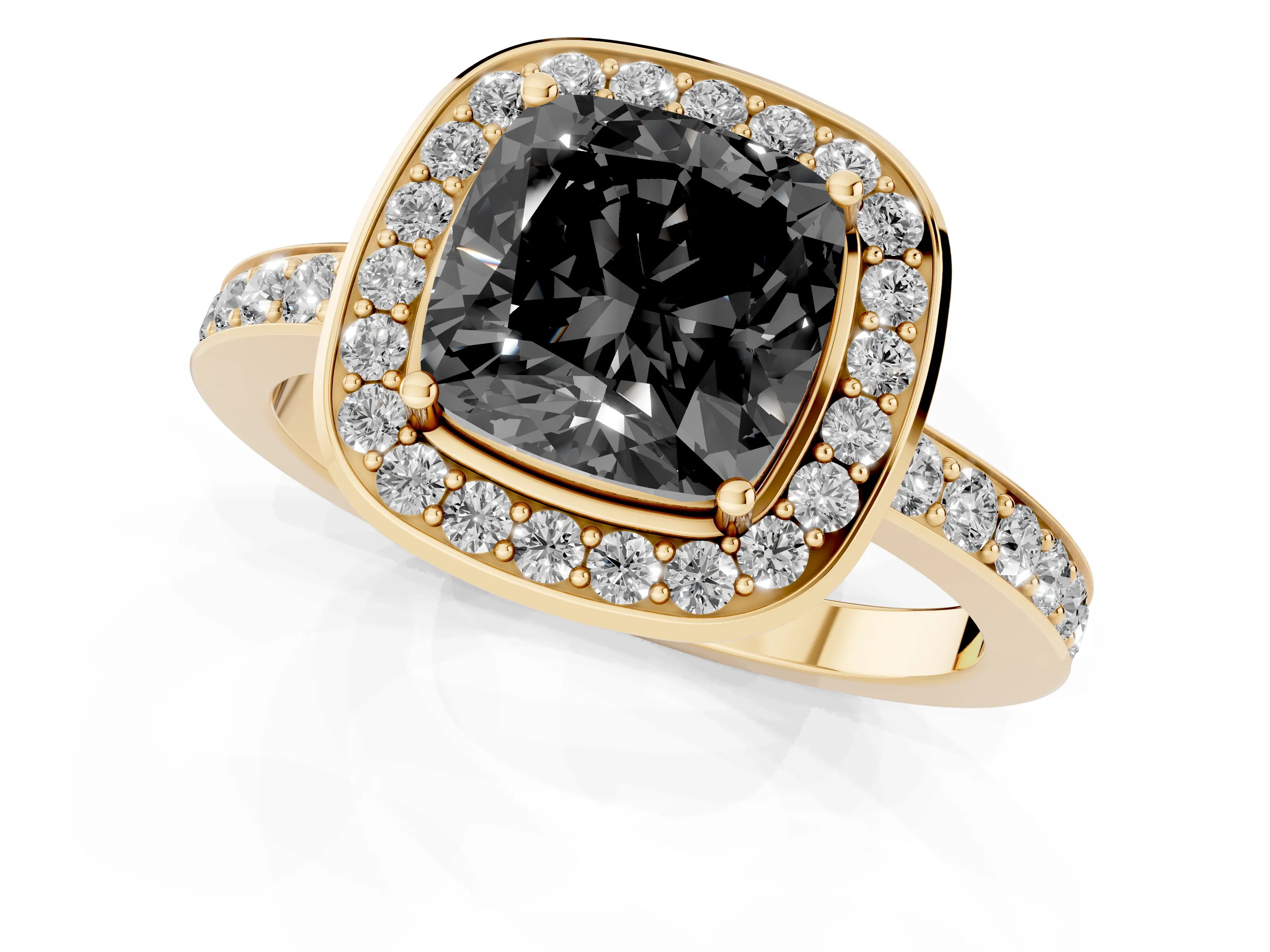 Fancy Black Cushion Cut Diamond Halo Ring Set in Yellow gold with Bezel Frame and Pavé Band