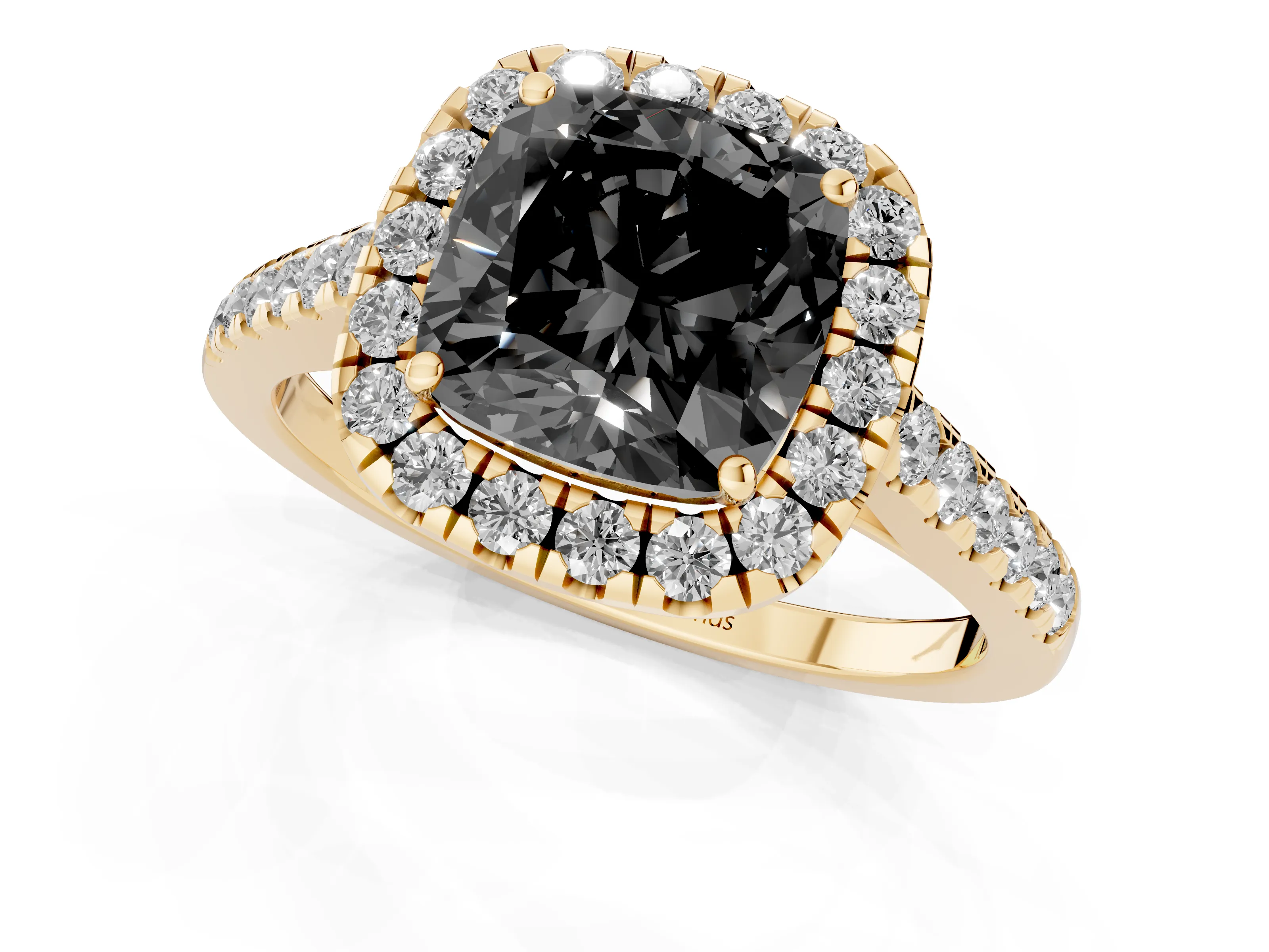 Fancy Black Cushion Cut Diamond Halo Pavé Engagement Ring Set in Yellow gold with Prong Setting