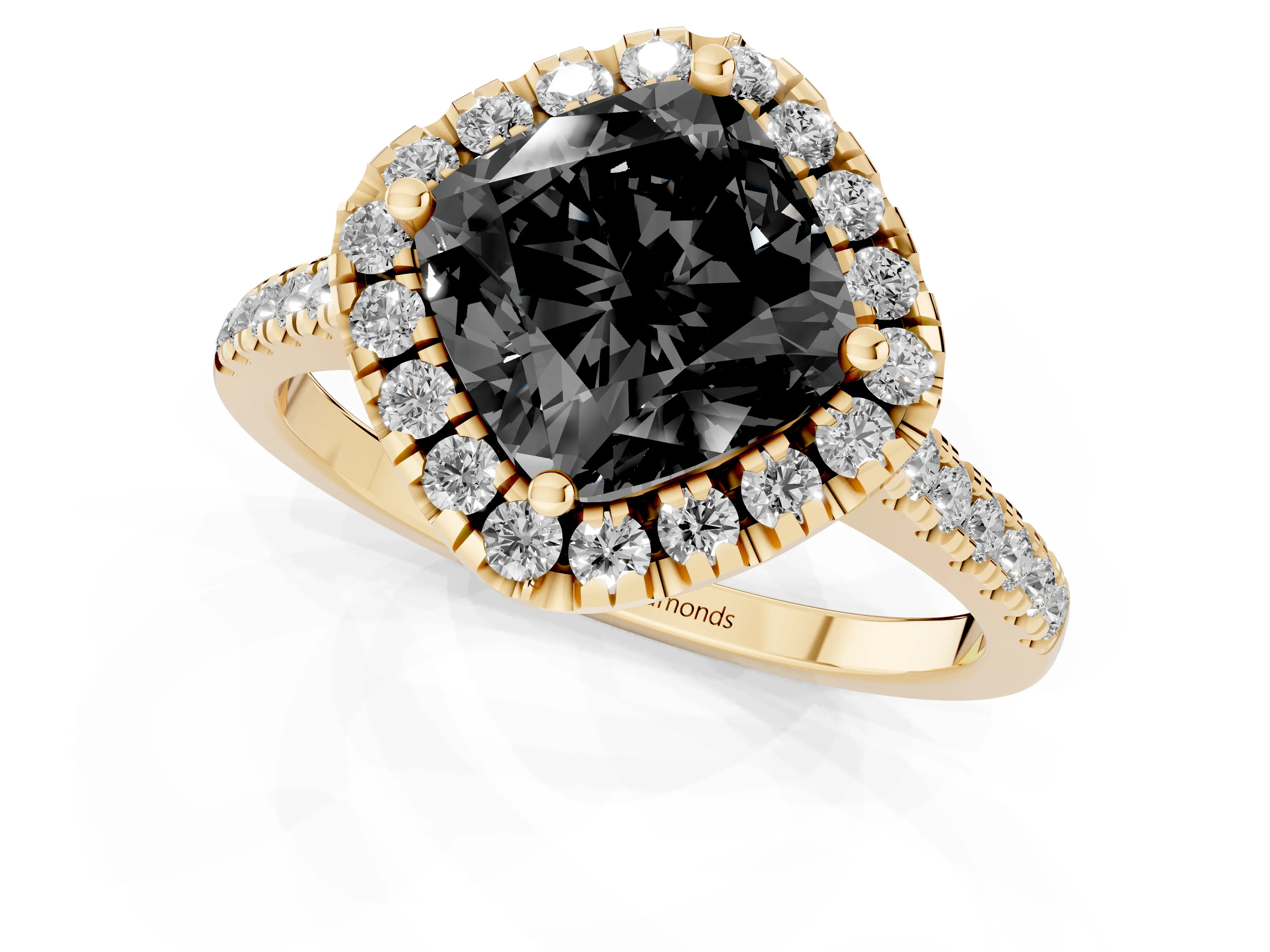 Fancy Black Cushion Cut Diamond Cushion Halo Ring Set in Yellow gold with Pavé Band