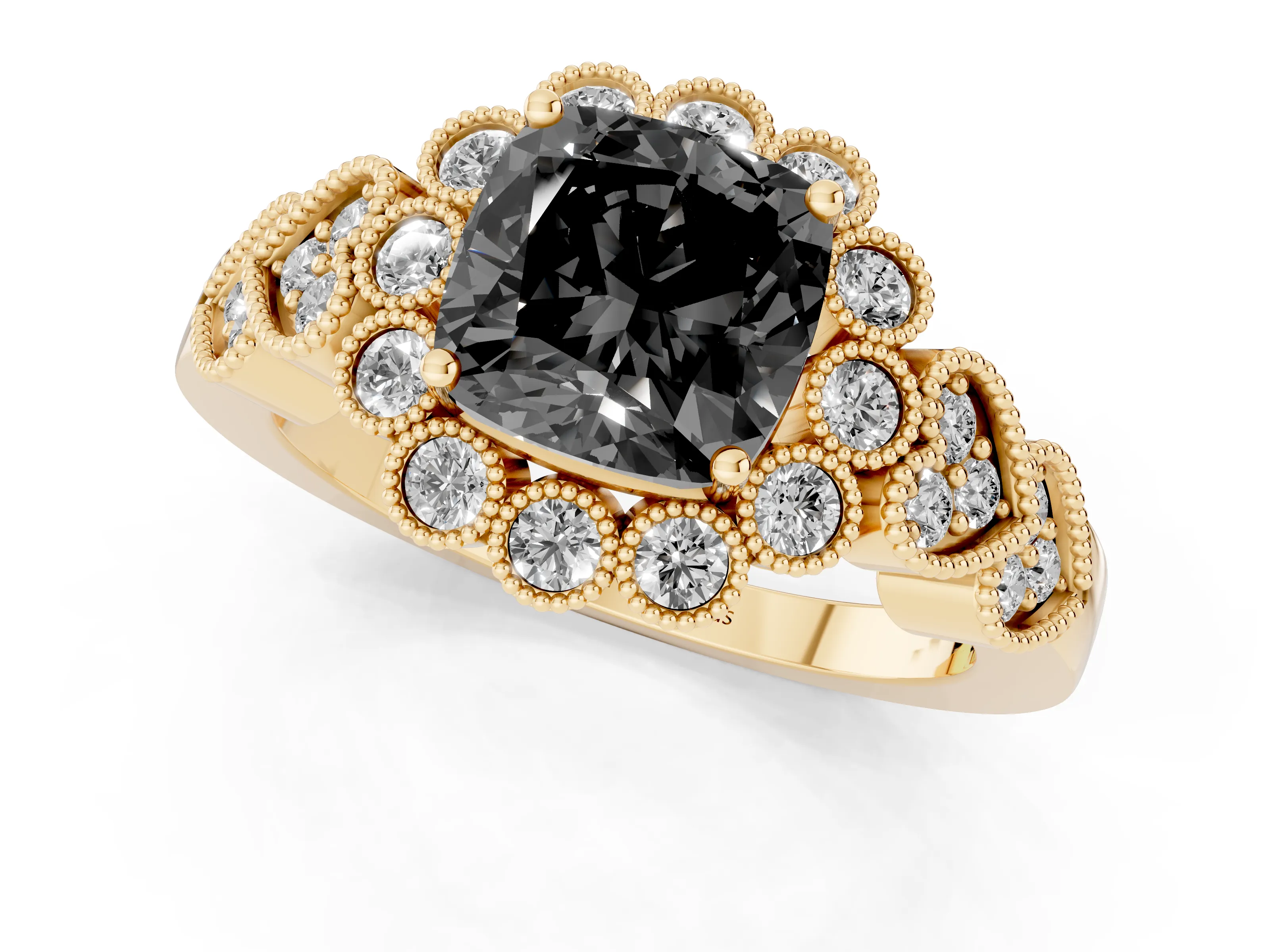 Fancy Black Cushion Cut Diamond Solitaire Ring Set in Yellow gold with Milgrain Pavé Heart Band