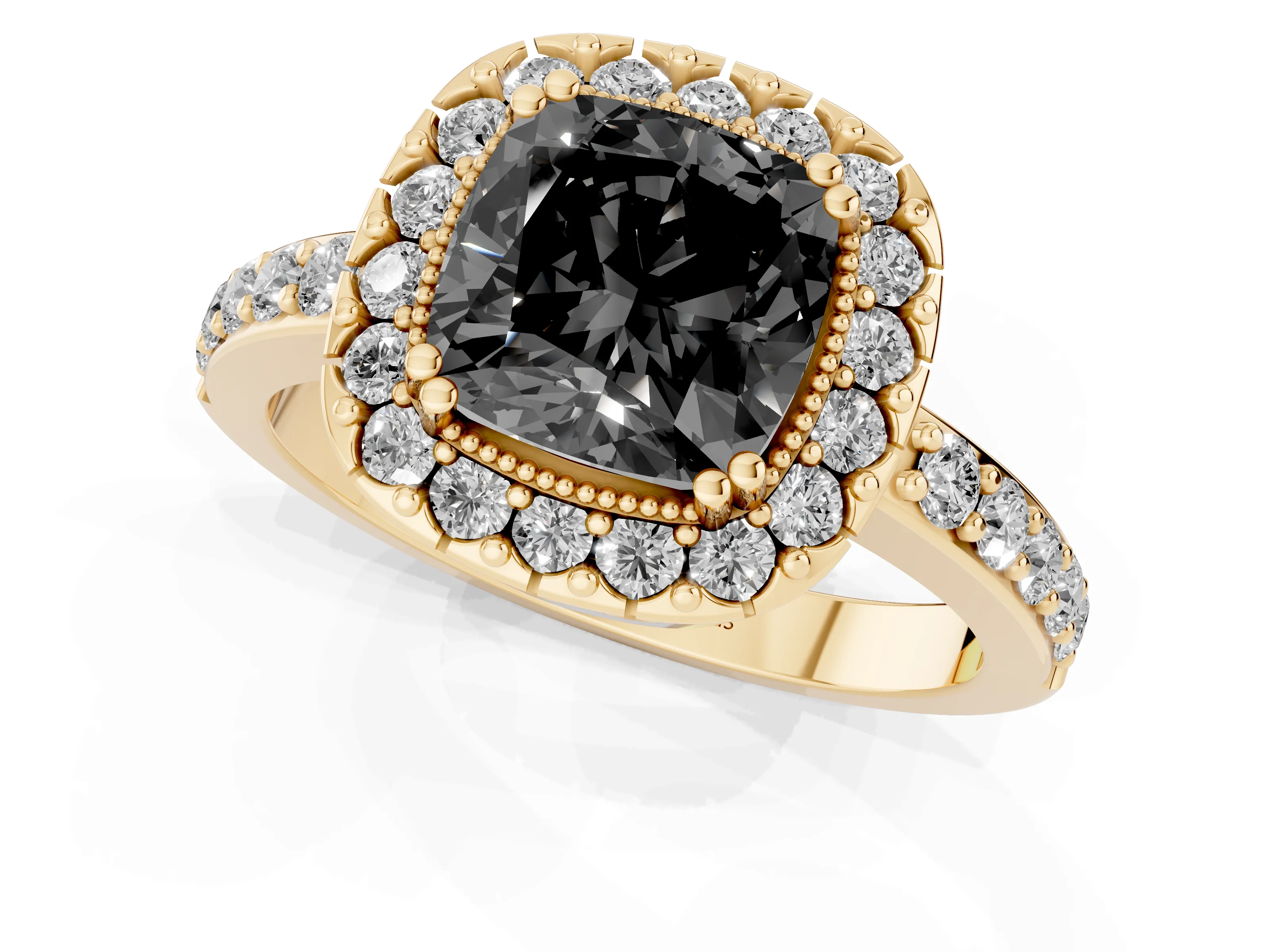 Fancy Black Cushion Cut Diamond Halo Ring Set in Yellow gold with Pavé Shank and Prong Setting