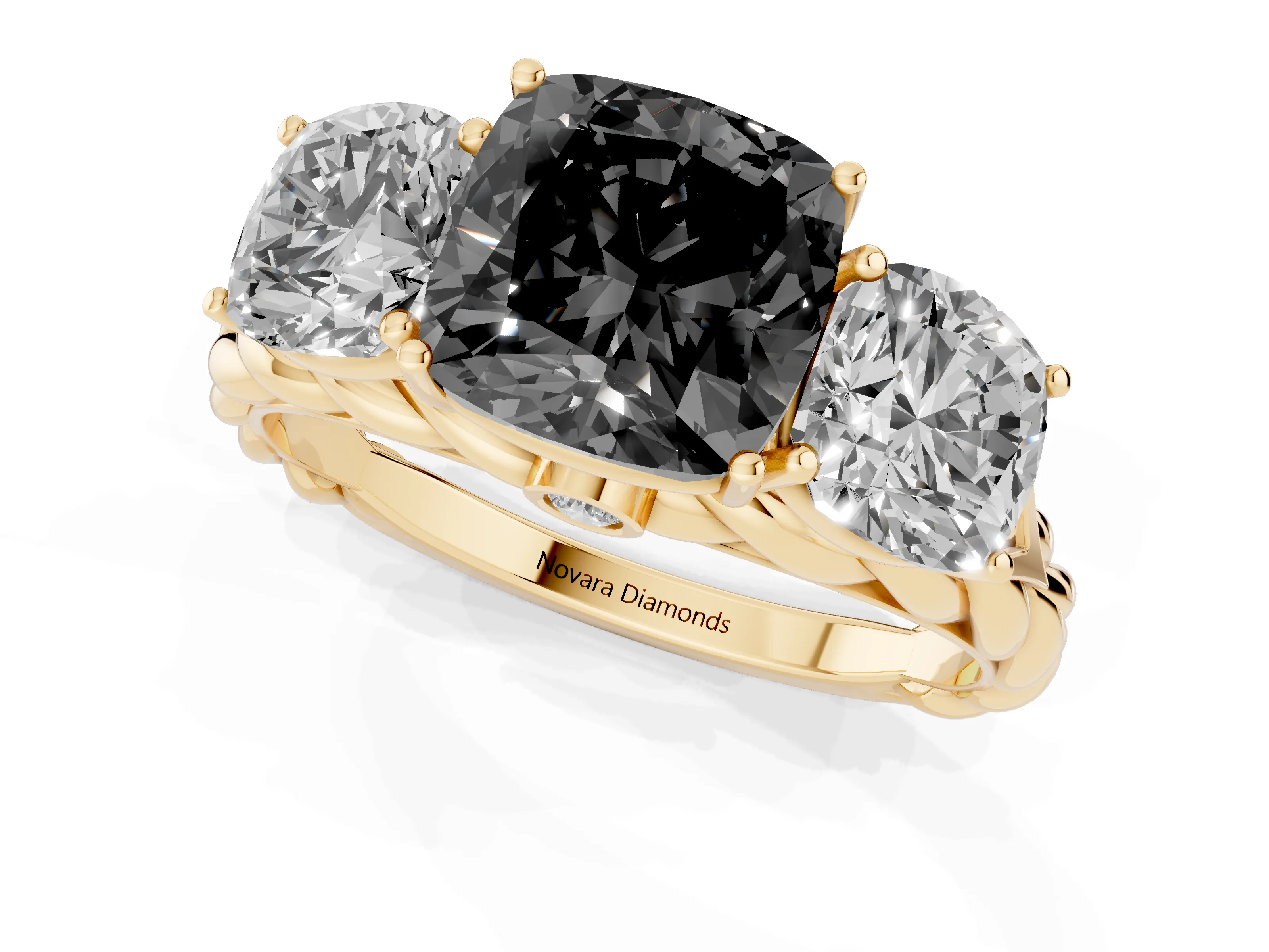 Fancy Black Cushion Cut Diamond Three-Stone Ring Set in Yellow gold with Braided Band