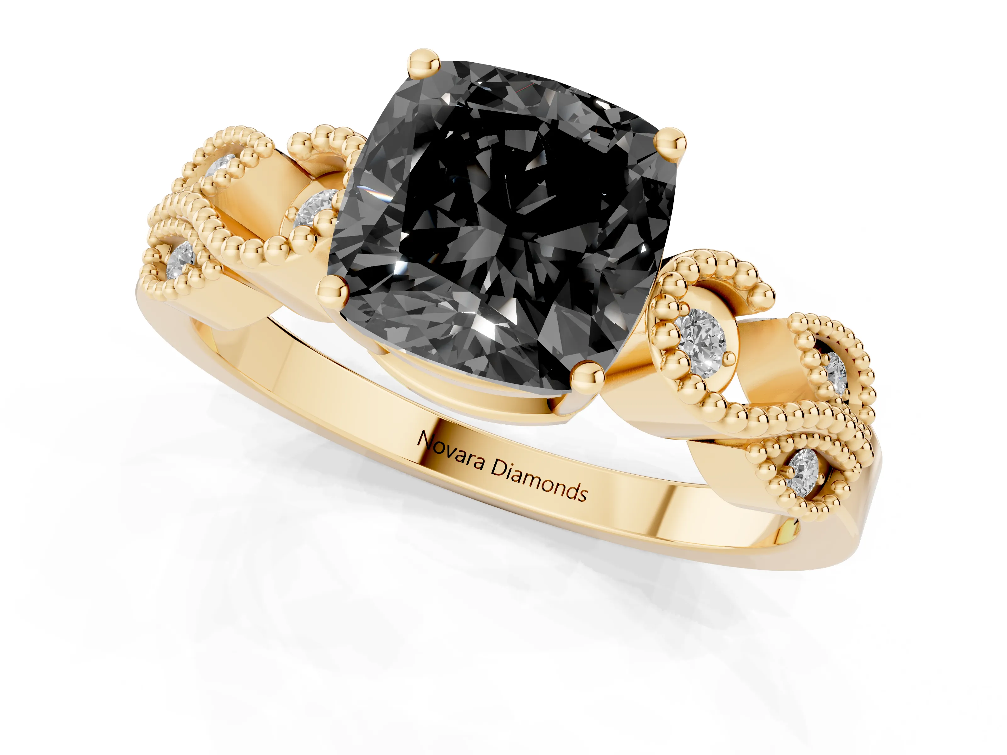 Fancy Black Cushion Cut Diamond Milgrain Leaf Band Solitaire Ring Set in Yellow gold with Accent Stones and Prong Setting