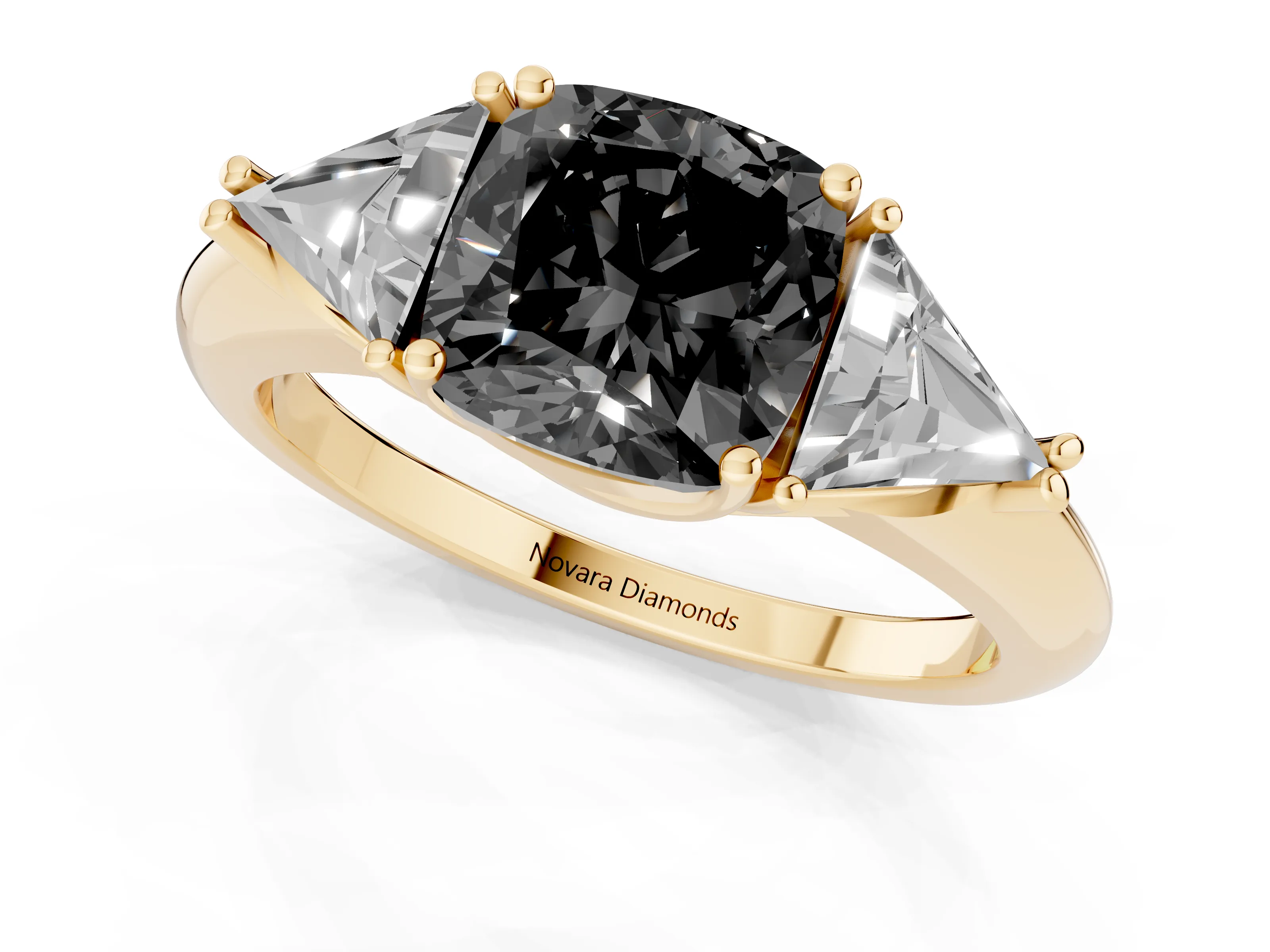 Fancy Black Cushion Cut Diamond Three-Stone Engagement Ring Set in Yellow gold with Trillion Side Stones