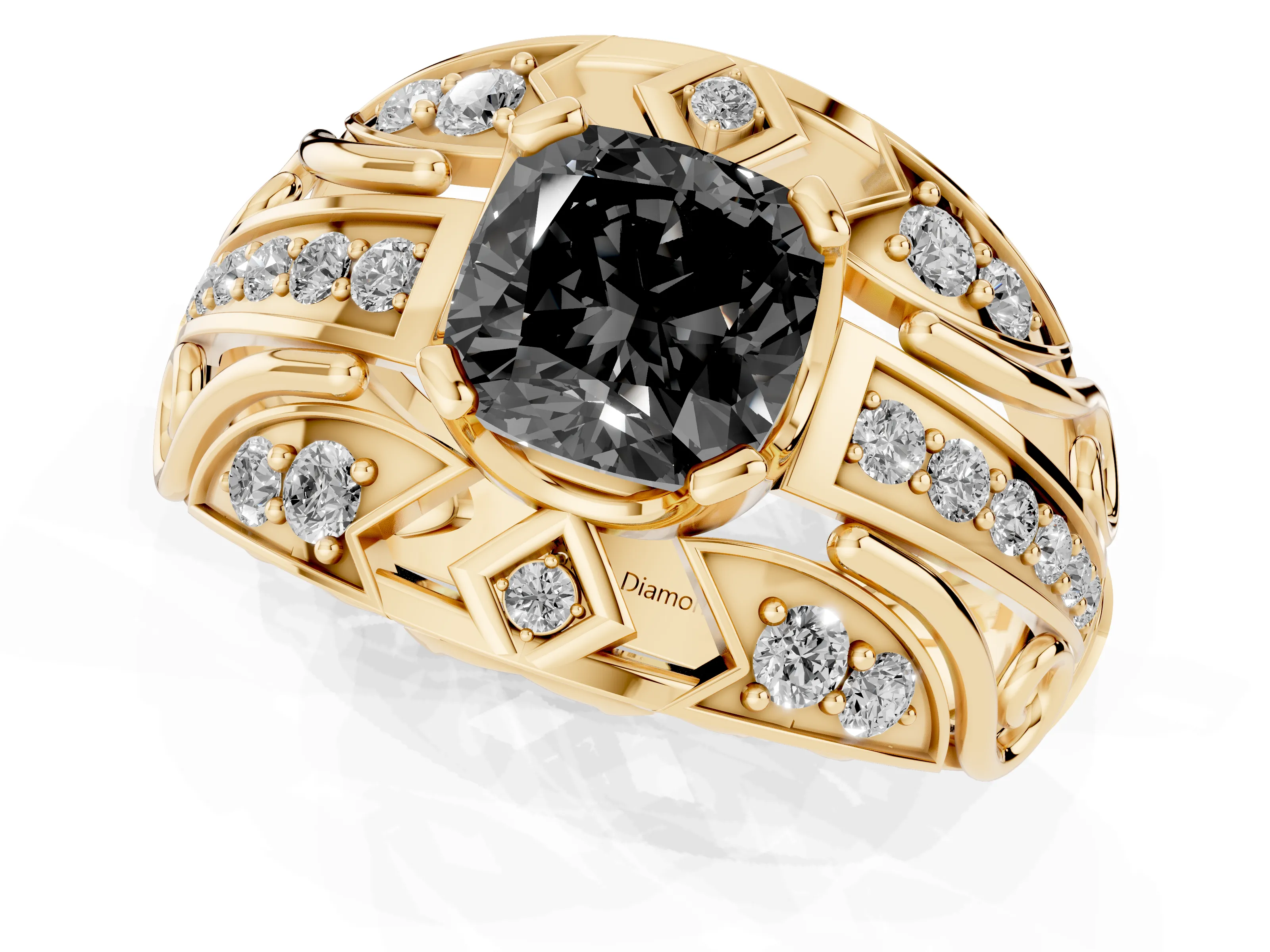 Fancy Black Cushion Cut Diamond Art Deco Ring Set in Yellow gold with Pavé Split Shank