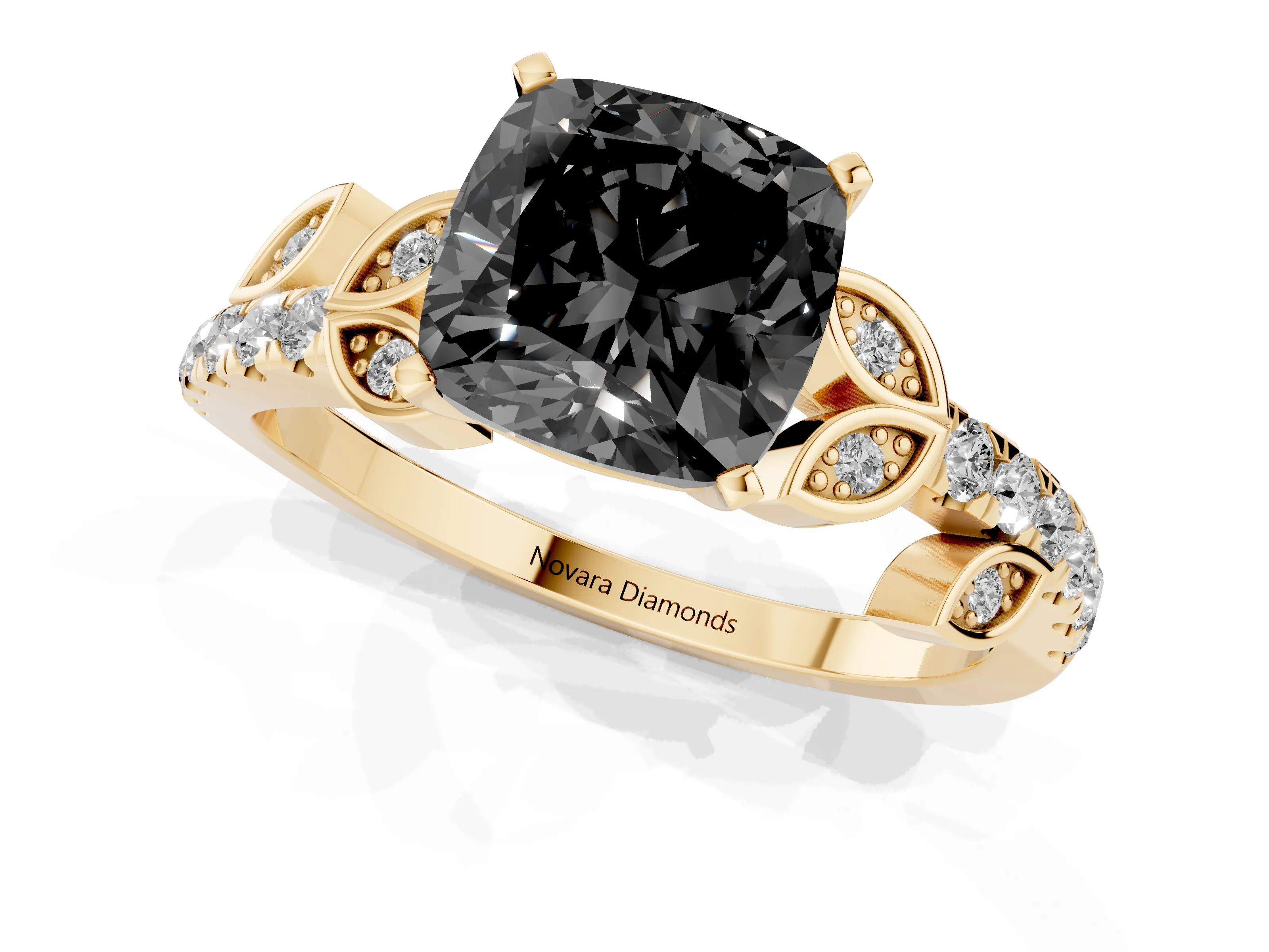 Fancy Black Cushion Cut Diamond Solitaire Leaf-Inspired Ring Set in Yellow gold with Pavé Band and Prong Setting