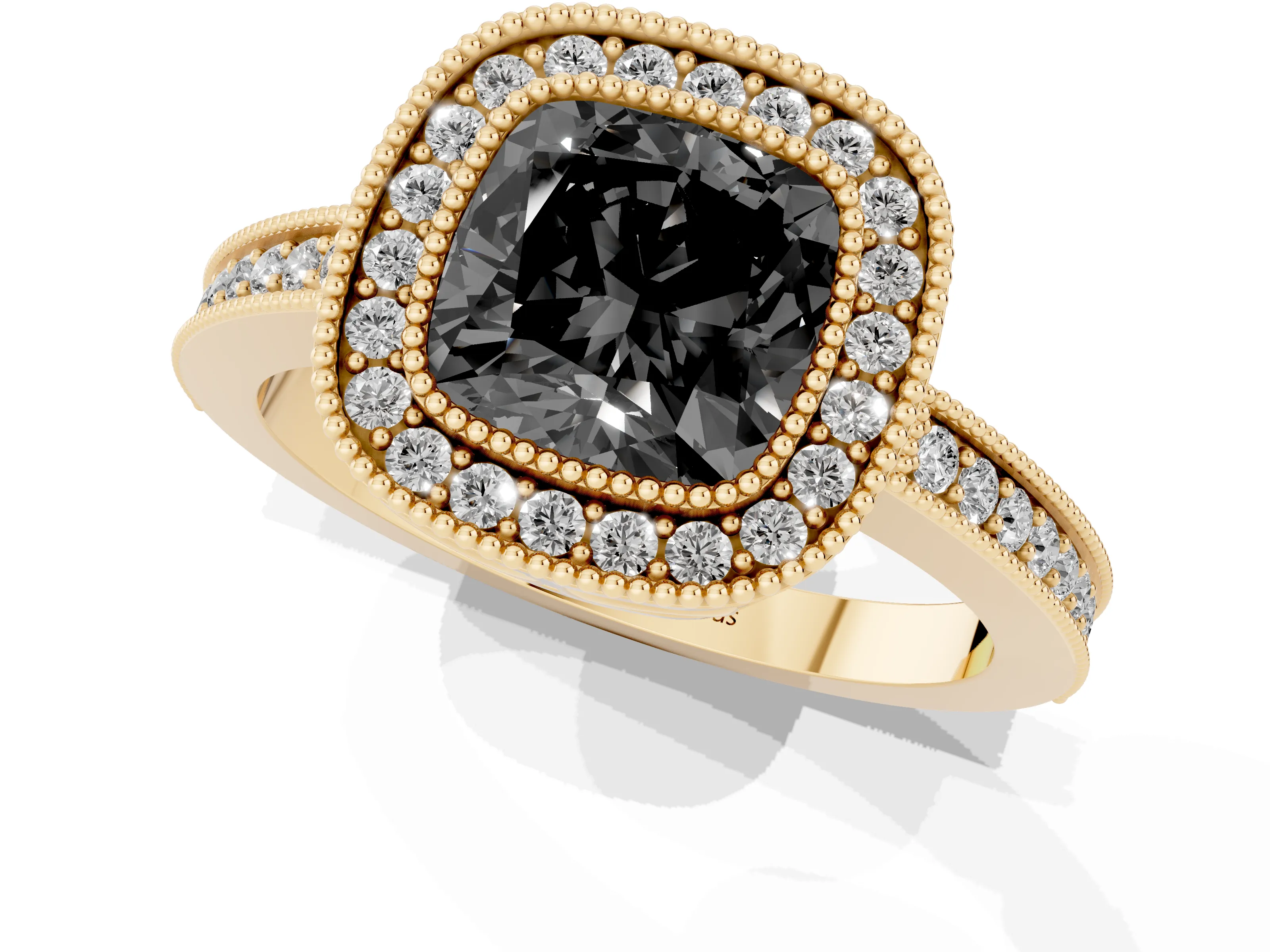Fancy Black Cushion Cut Diamond Round Halo Ring Set in Yellow gold with Pavé Band