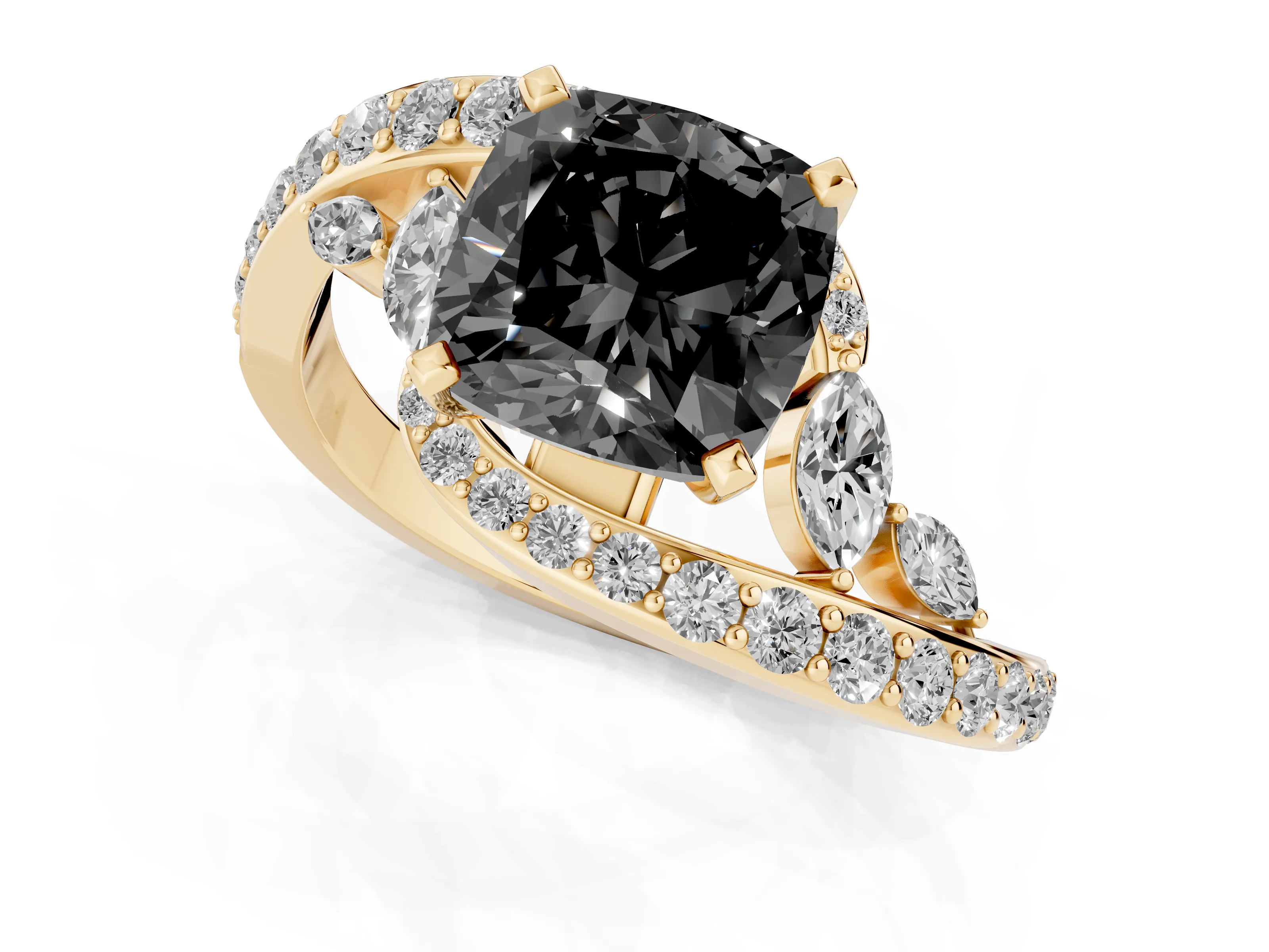Fancy Black Cushion Cut Diamond Solitaire Ring Set in Yellow gold with Filigree Band and Prong Setting