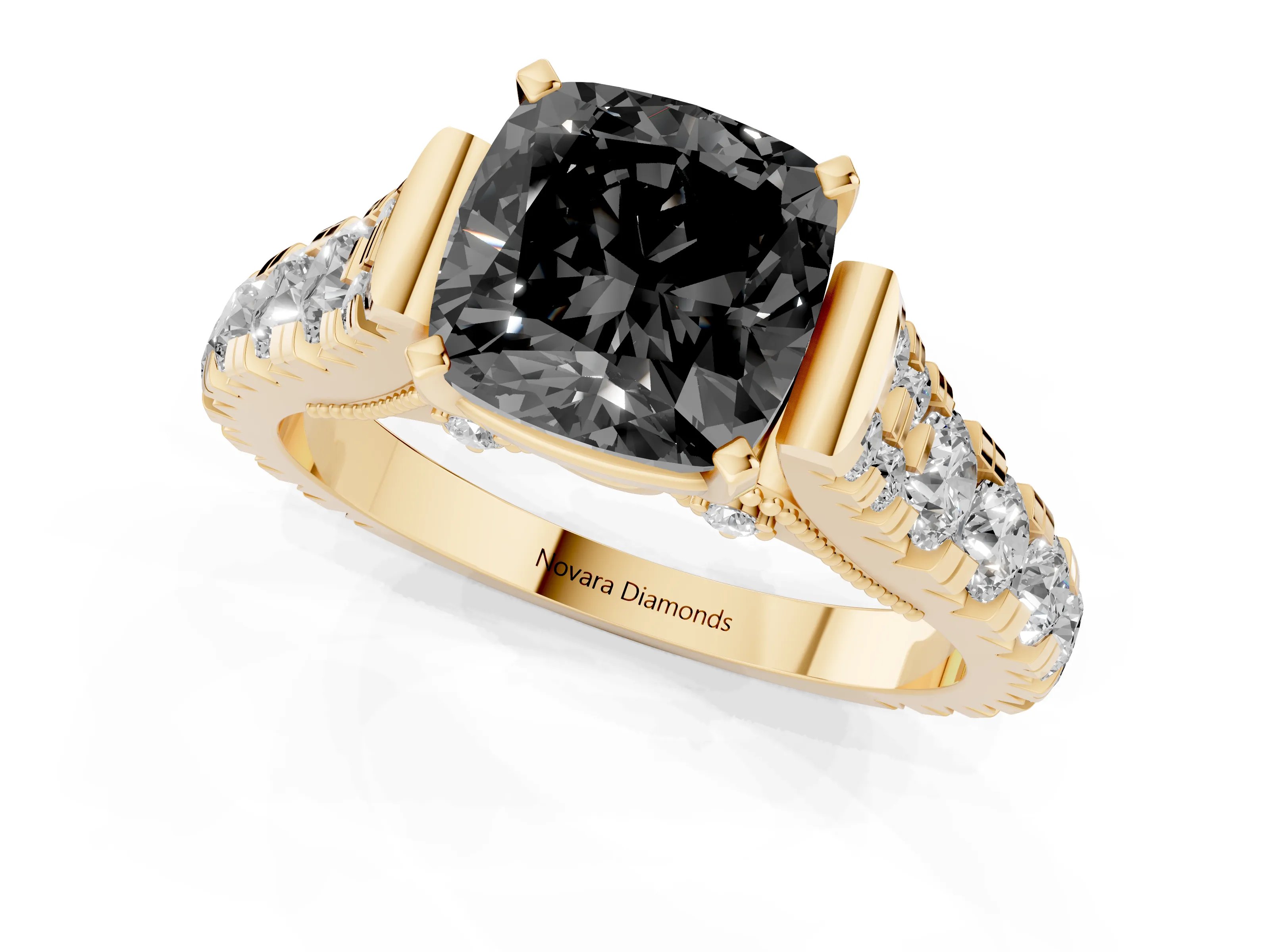 Fancy Black Cushion Cut Diamond Classic Solitaire Ring Set in Yellow gold with Pavé Band and Prong Setting