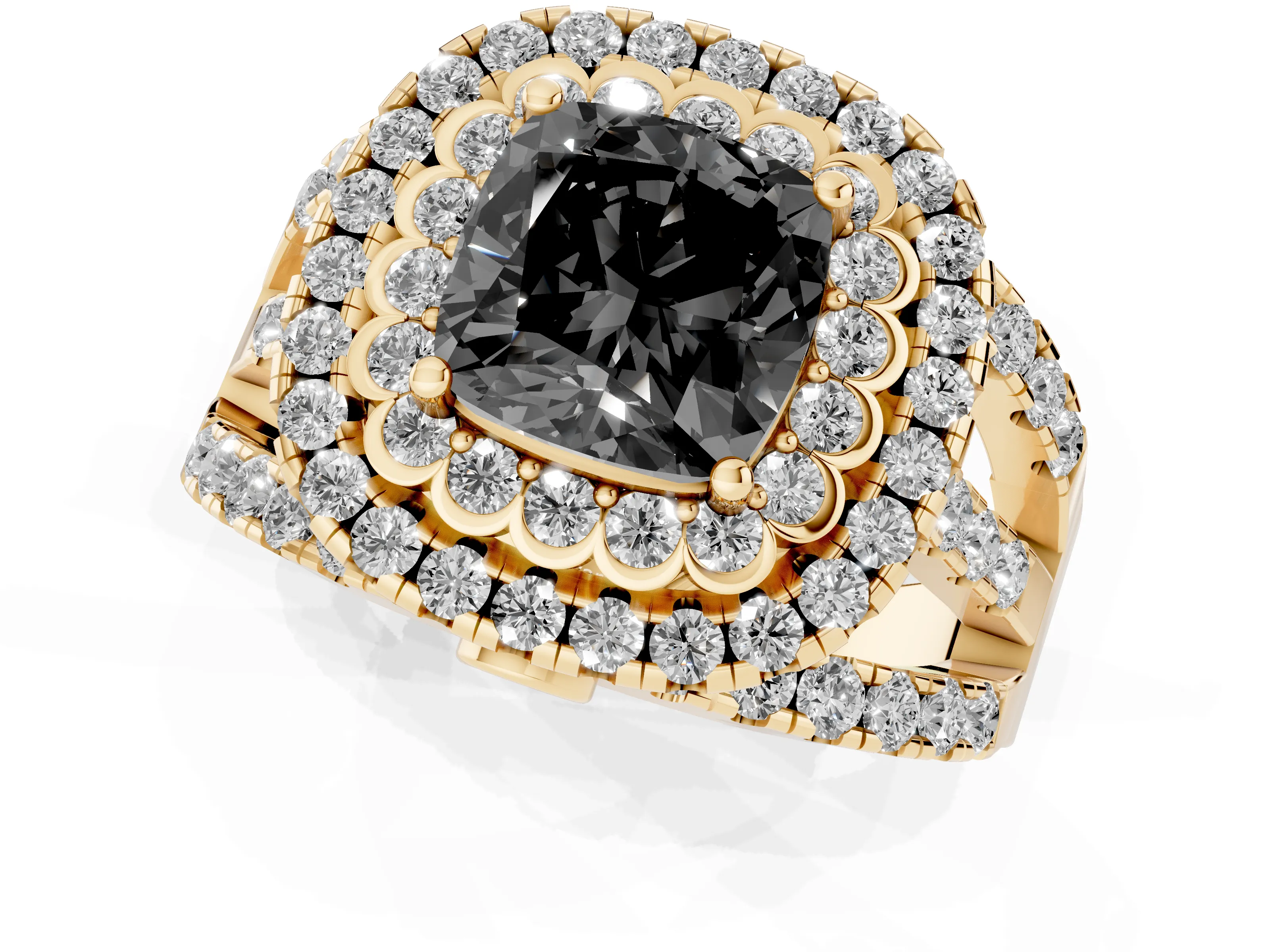 Fancy Black Cushion Cut Diamond Double Halo Ring Set in Yellow gold with Round Pavé Split Shank – second view