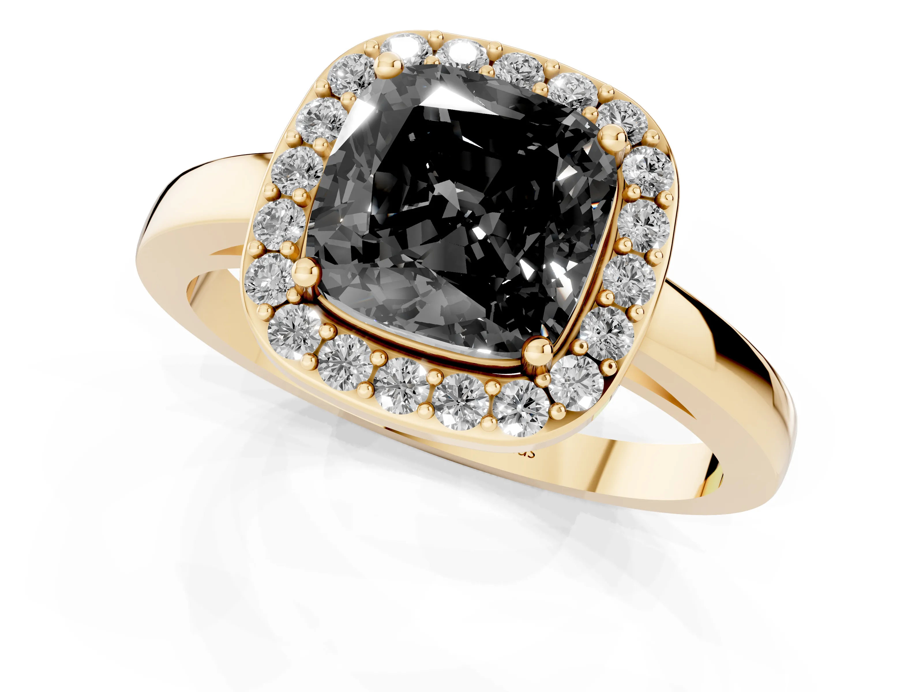 Fancy Black Cushion Cut Diamond Halo Ring Set in Yellow gold with Solitaire Band and Prong Setting
