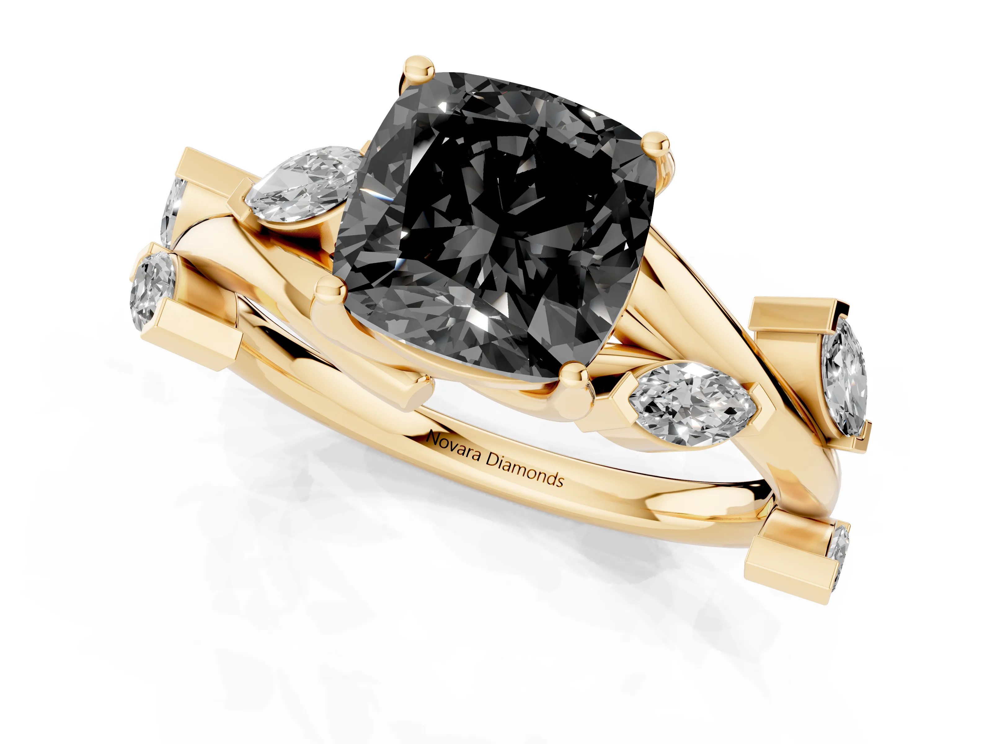 Fancy Black Cushion Cut Diamond Solitaire Ring Set in Yellow gold with Twisted Marquise Accent Band