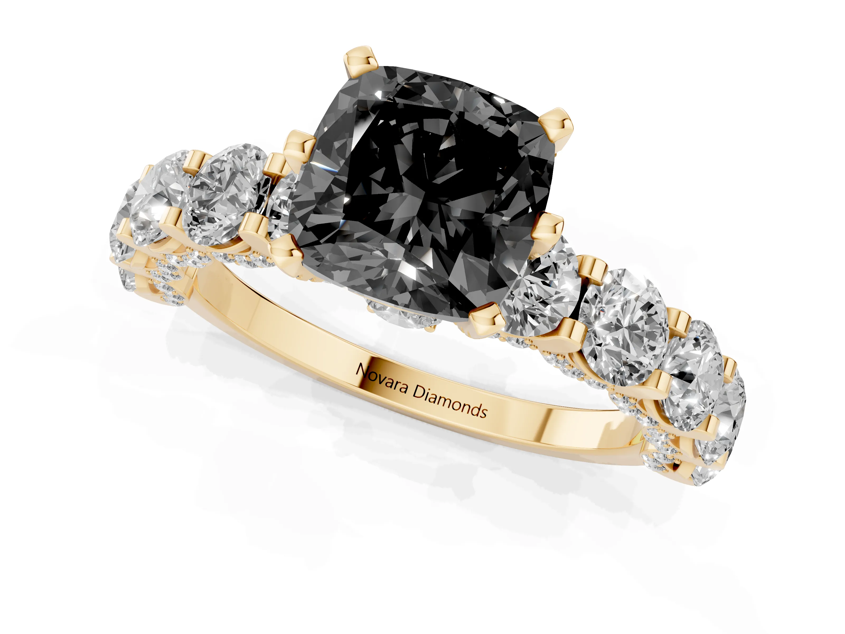 Fancy Black Cushion Cut Diamond Side Stone Ring Set in Yellow gold with Alternating Round and Oval Side Stones
