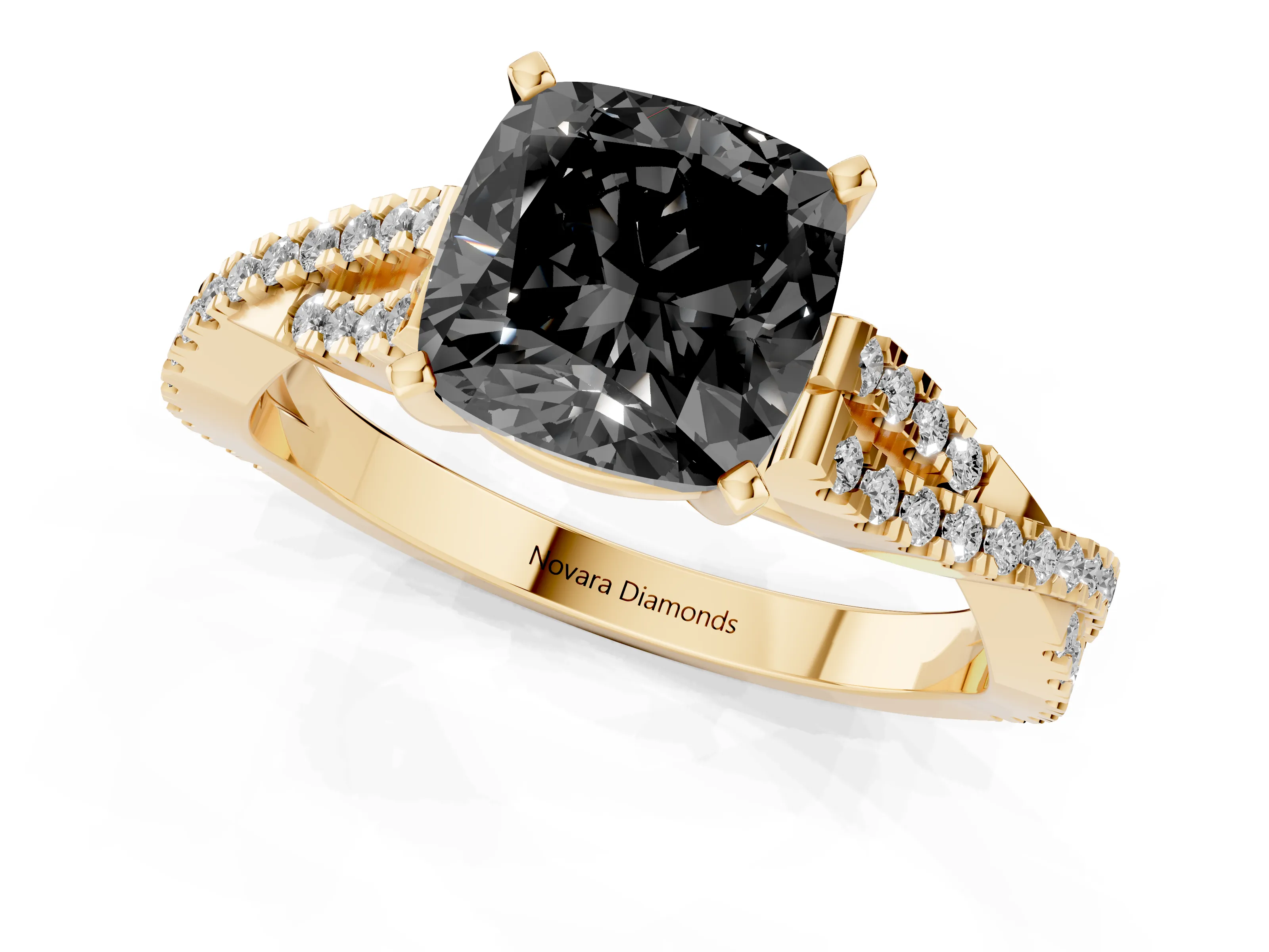 Fancy Black Cushion Cut Diamond Solitaire Engagement Ring Set in Yellow gold with Twisted Pavé Band and Prong Setting