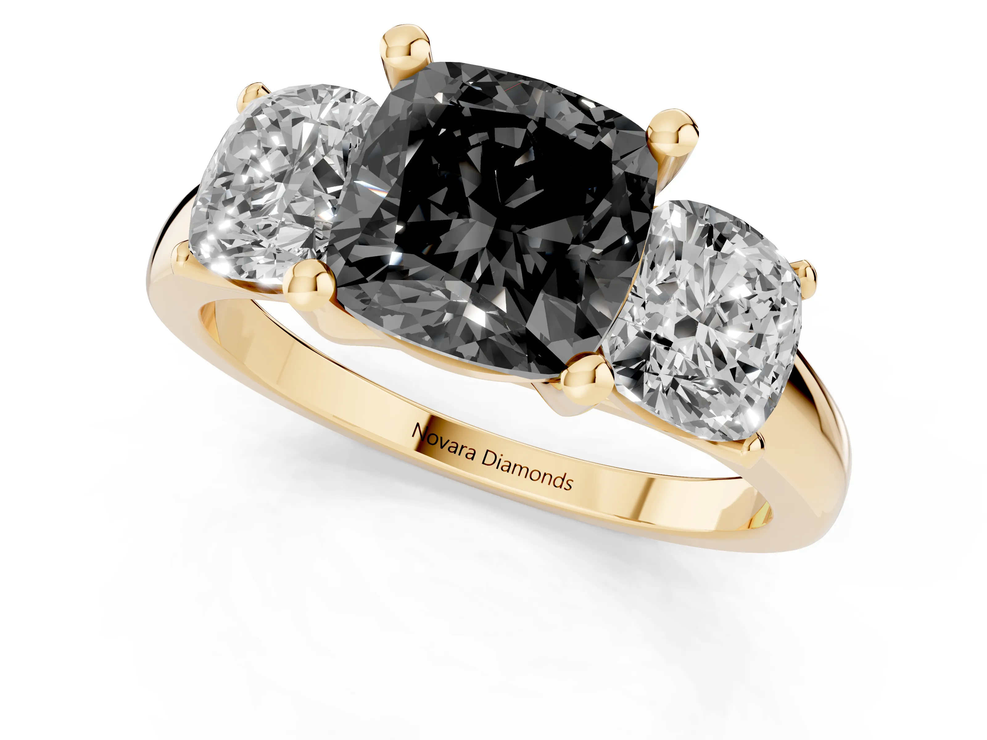 Fancy Black Cushion Cut Diamond Three-Stone Ring Set in Yellow gold with Classic Prong Setting and Plain Band