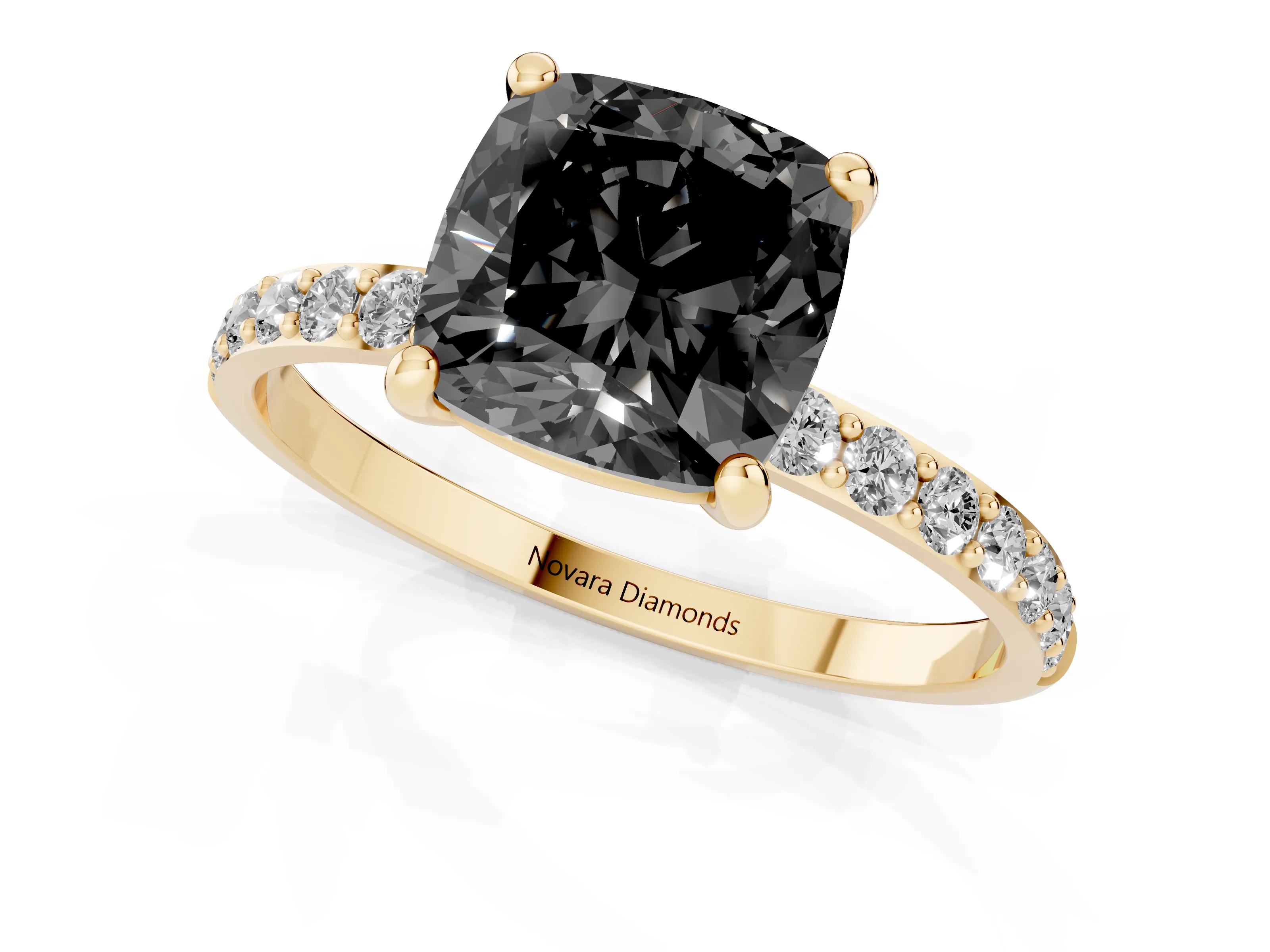 Fancy Black Cushion Cut Diamond Solitaire Ring Set in Yellow gold with Round Pavé Band and Prong Setting