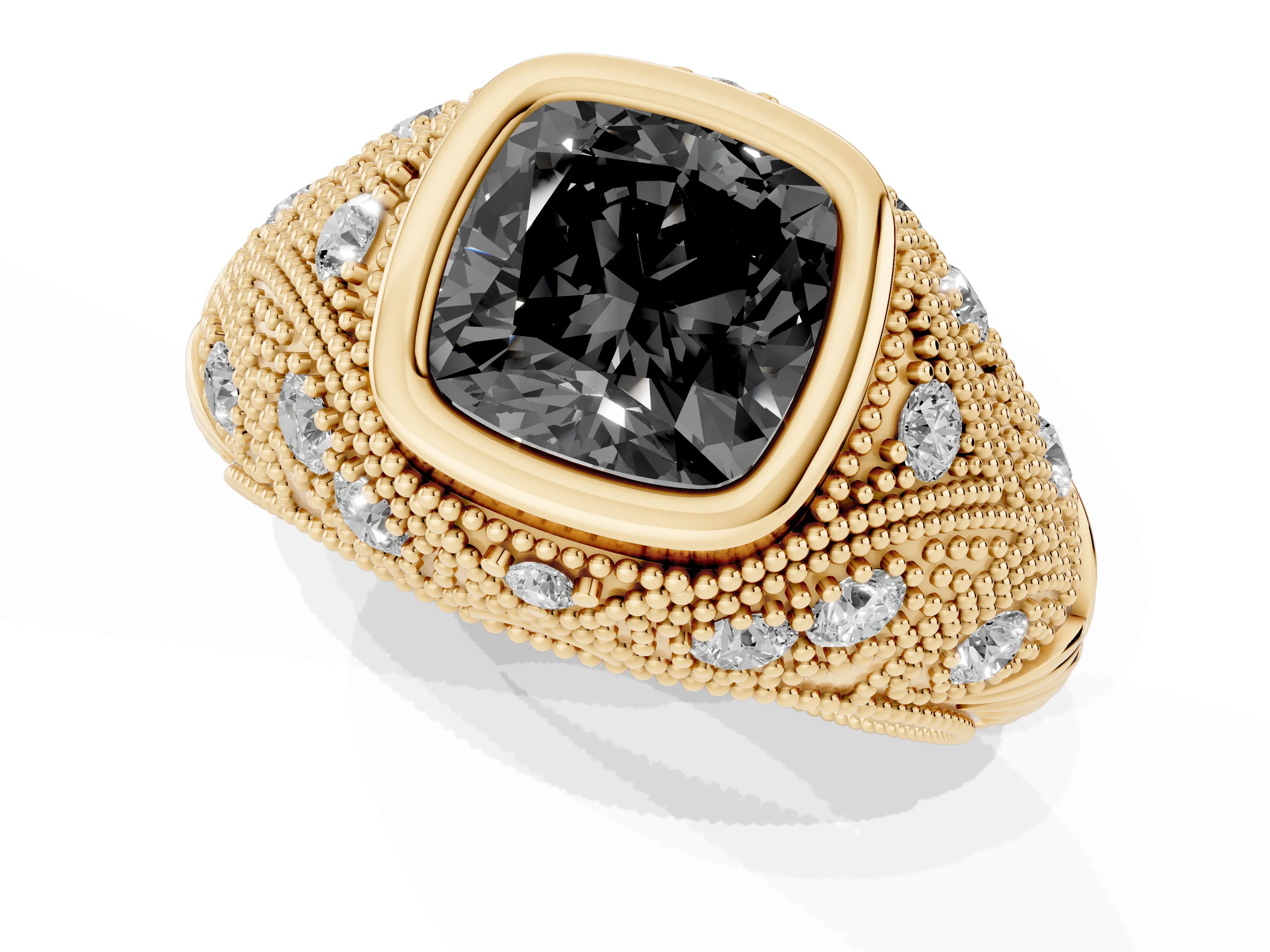 Fancy Black Cushion Cut Diamond Bezel Ring Set in Yellow gold with Milgrain Accent Band