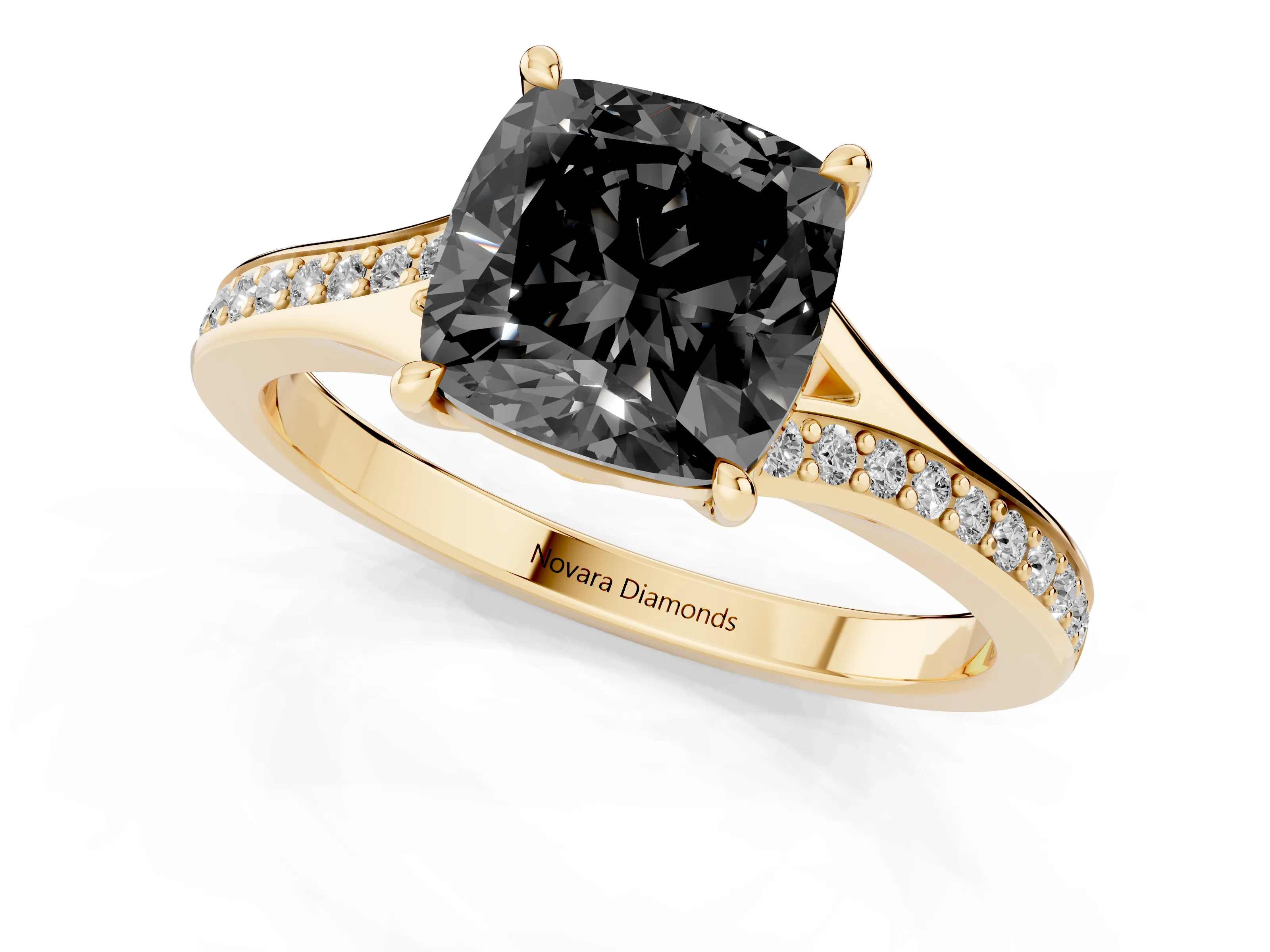Fancy Black Cushion Cut Diamond Solitaire Ring Set in Yellow gold with Pavé Accent Band and Classic Prong Setting