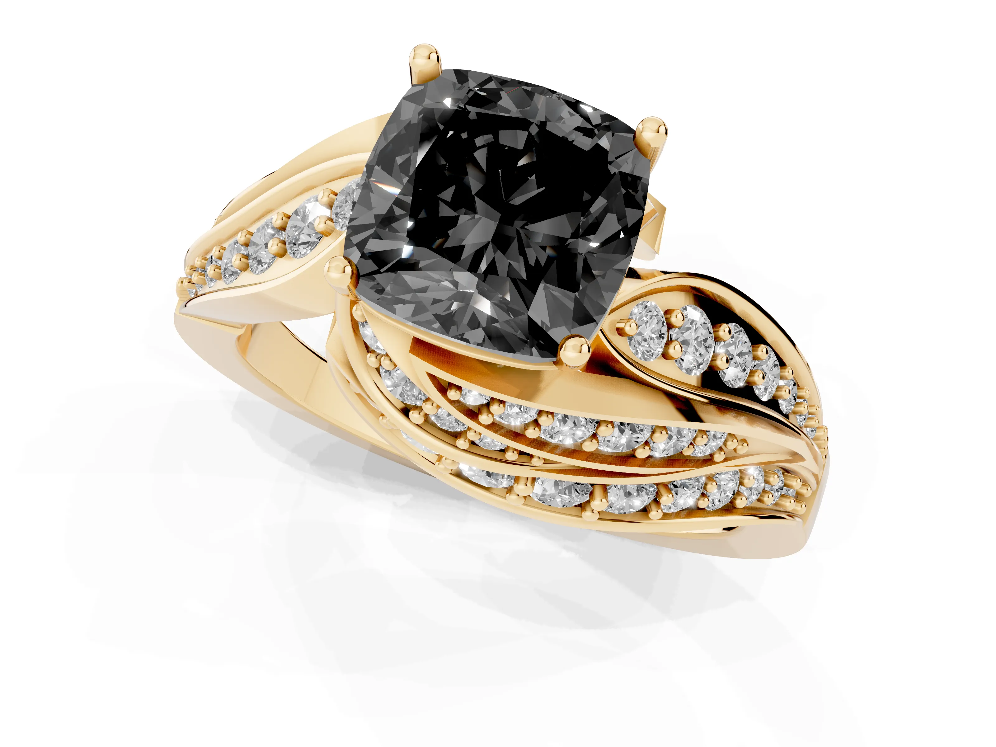 Fancy Black Cushion Cut Diamond Solitaire Ring Set in Yellow gold with Layered Twist Pavé Band